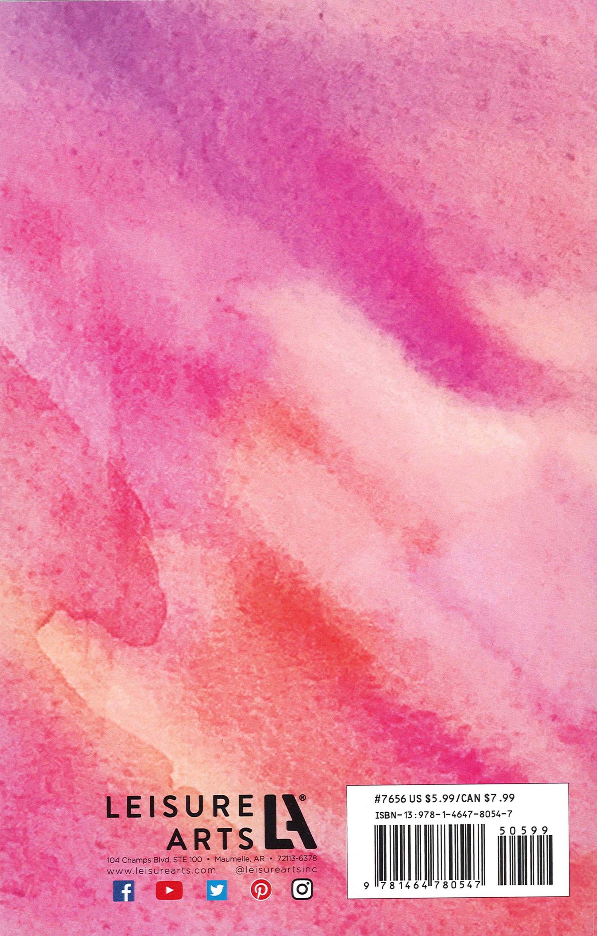 Abstract pink, red, and orange watercolor background featuring the Leisure Arts logo, social media icons, and "Create—Color, Create & Doodle Your Day," with Print ISBN, barcode, and pricing info in the bottom right corner.