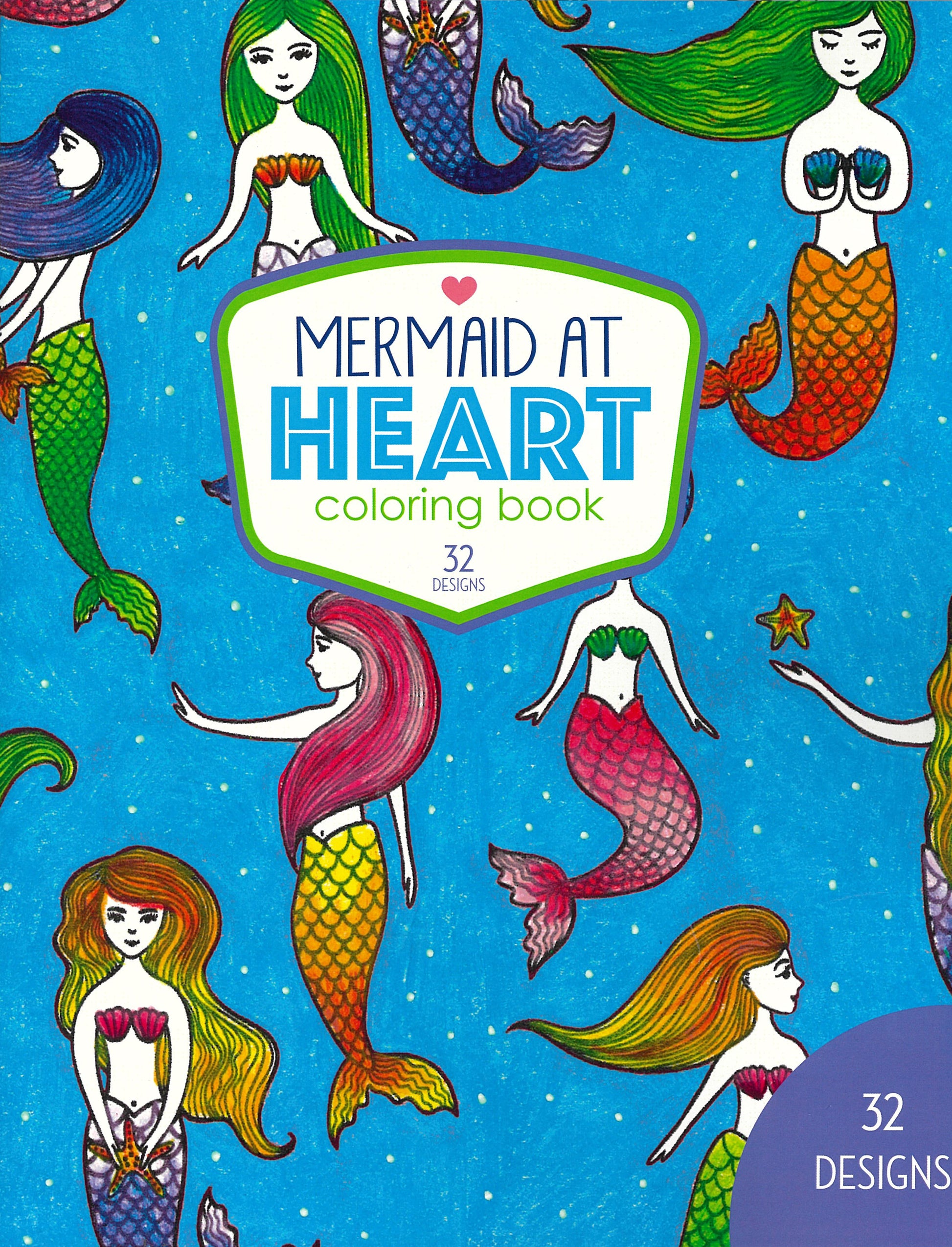 Colorful mermaids with flowing hair swim on a blue, starry background. Text: Mermaid at Heart Coloring Book by Leisure Arts. Includes 32 designs and print ISBN.
