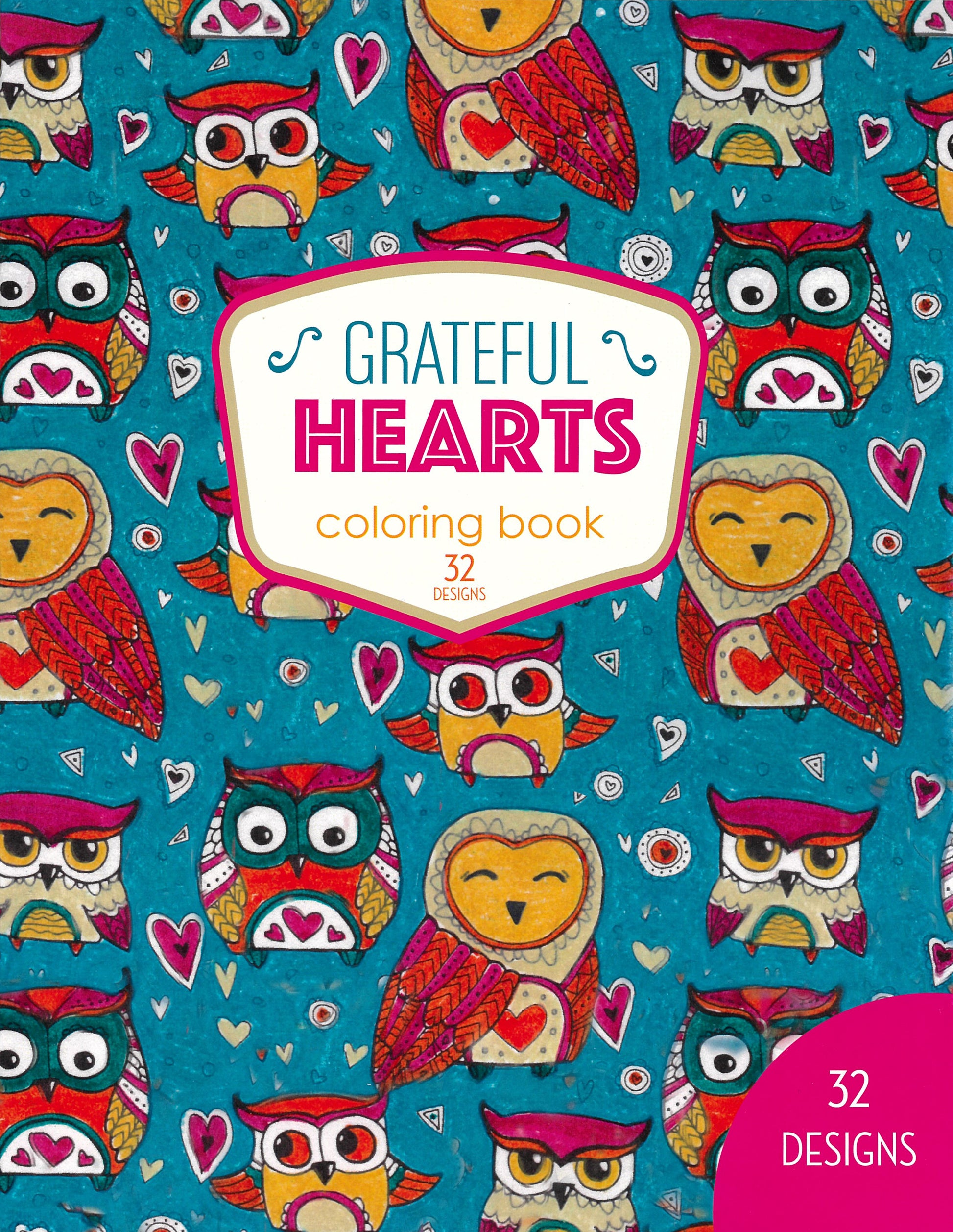 The Grateful Hearts Coloring Book by Leisure Arts features 32 playful, whimsical designs of hand-drawn owls and hearts on a colorful blue cover. Print ISBN available.