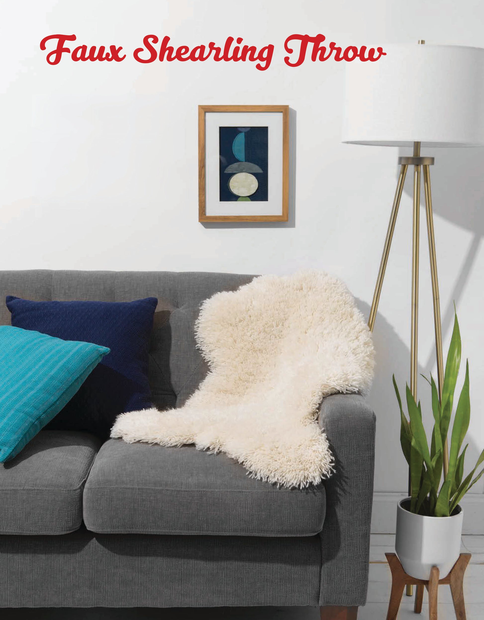 A digital download of "Latch Hook—12 Projects for the Modern Maker" by Leisure Arts is displayed on a tablet beside a cozy sofa, potted plant, and wall art—ideal for adding creative flair to your home. Red text reads “Latch Hook Projects.”.