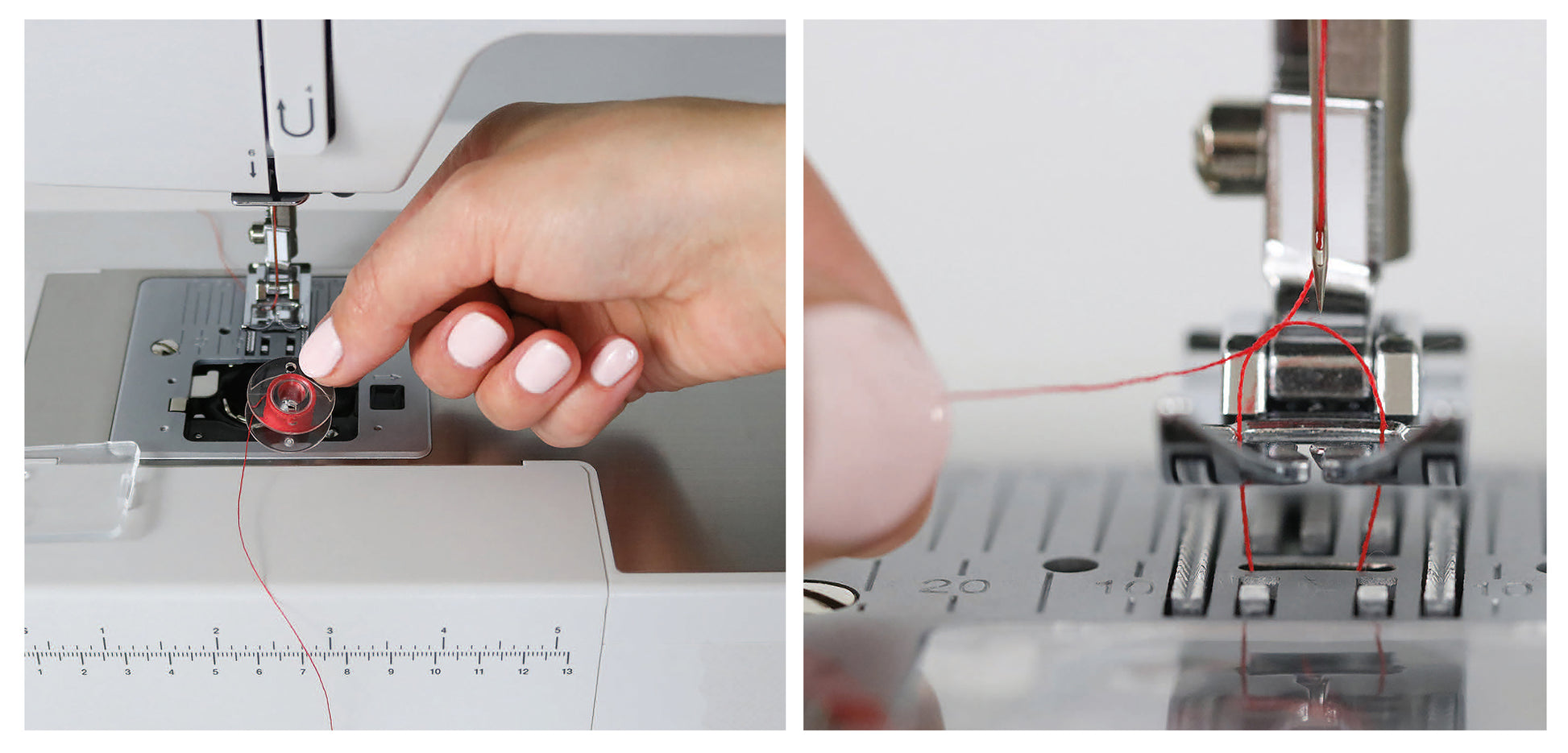 Split image: On the left, a hand threads red bobbin into a sewing machine for repairs with Leisure Arts Everyday Clothing Fixes. On the right, a close-up shows the thread passing through the needle, ready for action.