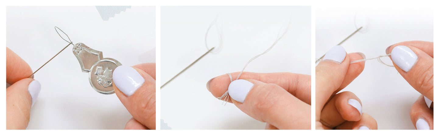 A three-step collage from Leisure Arts’ Everyday Clothing Fixes shows threading a needle: insert the threader, pass thread through its loop, then pull it back—ideal for sewing on buttons or hemming pants.
