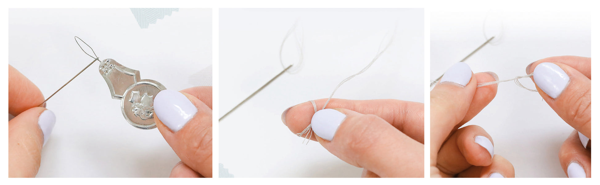 A three-step collage from Leisure Arts’ Everyday Clothing Fixes shows threading a needle: insert the threader, pass thread through its loop, then pull it back—ideal for sewing on buttons or hemming pants.