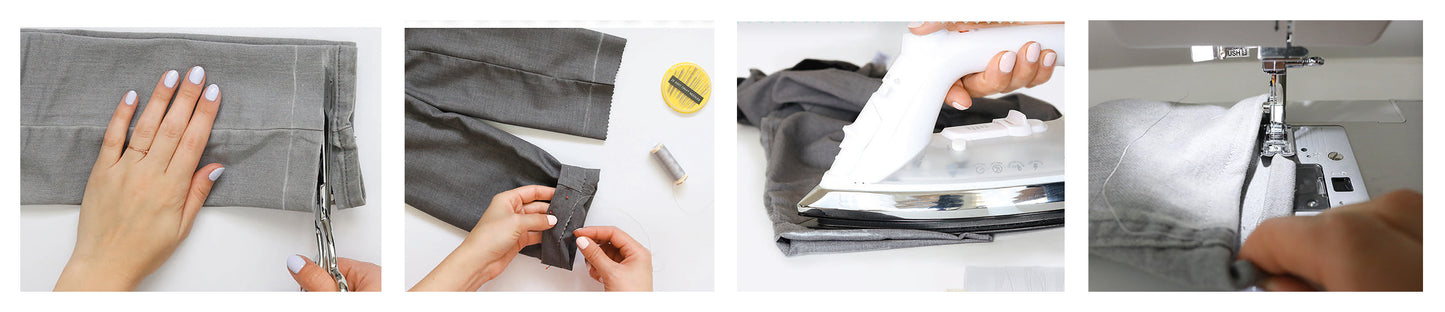 A step-by-step collage from Leisure Arts' Everyday Clothing Fixes shows hands hemming pants: cutting fabric, folding and pinning the hem, pressing with an iron, and sewing the new hem—ideal for quick repairs.