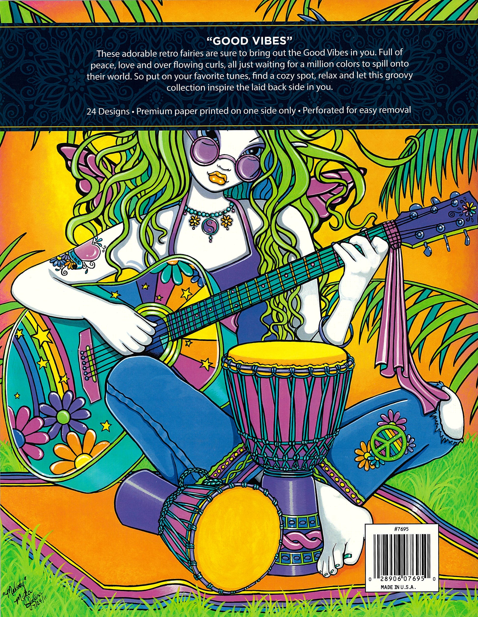 A vibrant, psychedelic-style illustration by Myka Jelina from the Leisure Arts Good Vibes—24 Designs Coloring Collection shows a green-haired fairy with sunglasses, floral accessories, and a guitar atop a decorated drum against a yellow-orange gradient.