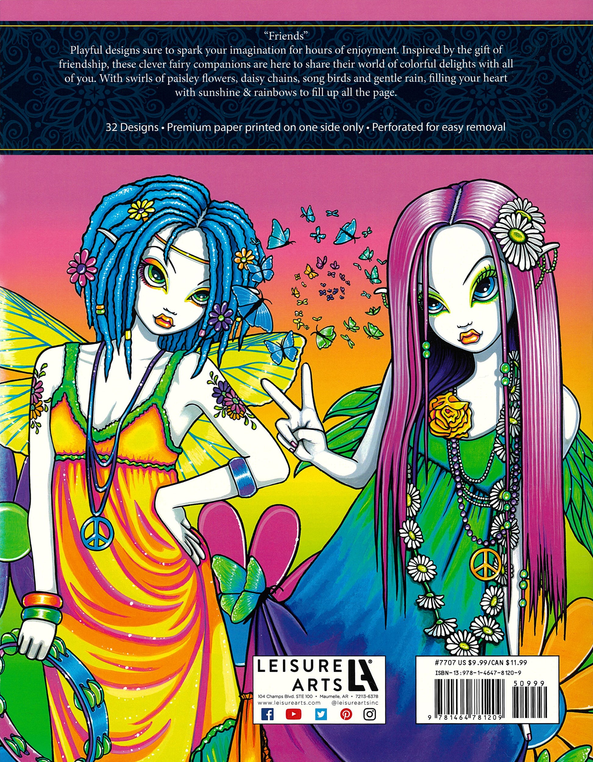 Two stylized fairy girls with colorful hair, wings, and vibrant dresses stand by a rainbow backdrop, inspired by "Friends—32 Designs; Myka Jelina Coloring Collection" from Leisure Arts. Both wear peace sign necklaces and floral accessories.