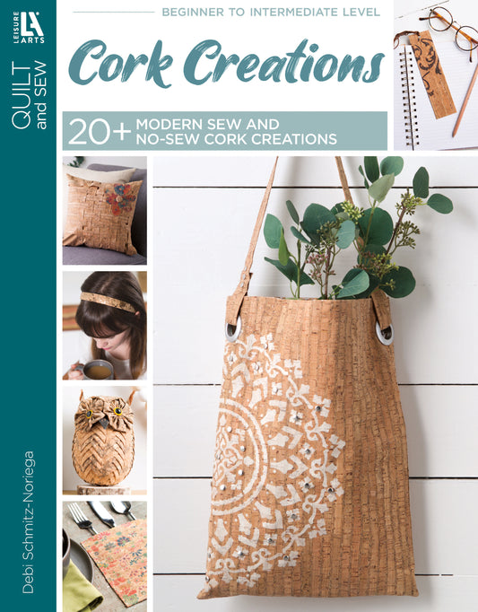 The Cork Creations—20+ Modern Sew & No-Sew Cork Creations Digital Download from Leisure Arts features projects like handbags, pillows, coasters, and accessories for beginners with step-by-step guidance.