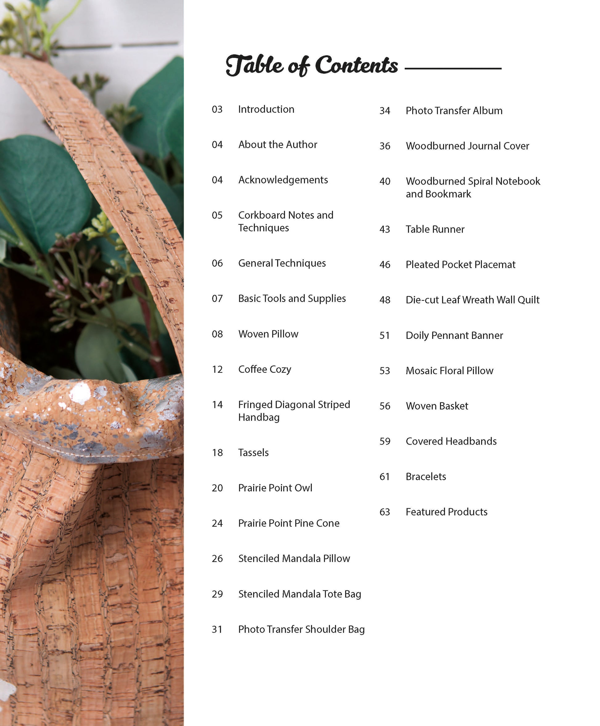 A table of contents from "Cork Creations—20+ Modern Sew & No-Sew Cork Creations" by Leisure Arts lists beginner projects like pillows, tassels, quilts, bags, cork crafts, and journals. A woven basket with green plants is on the left.