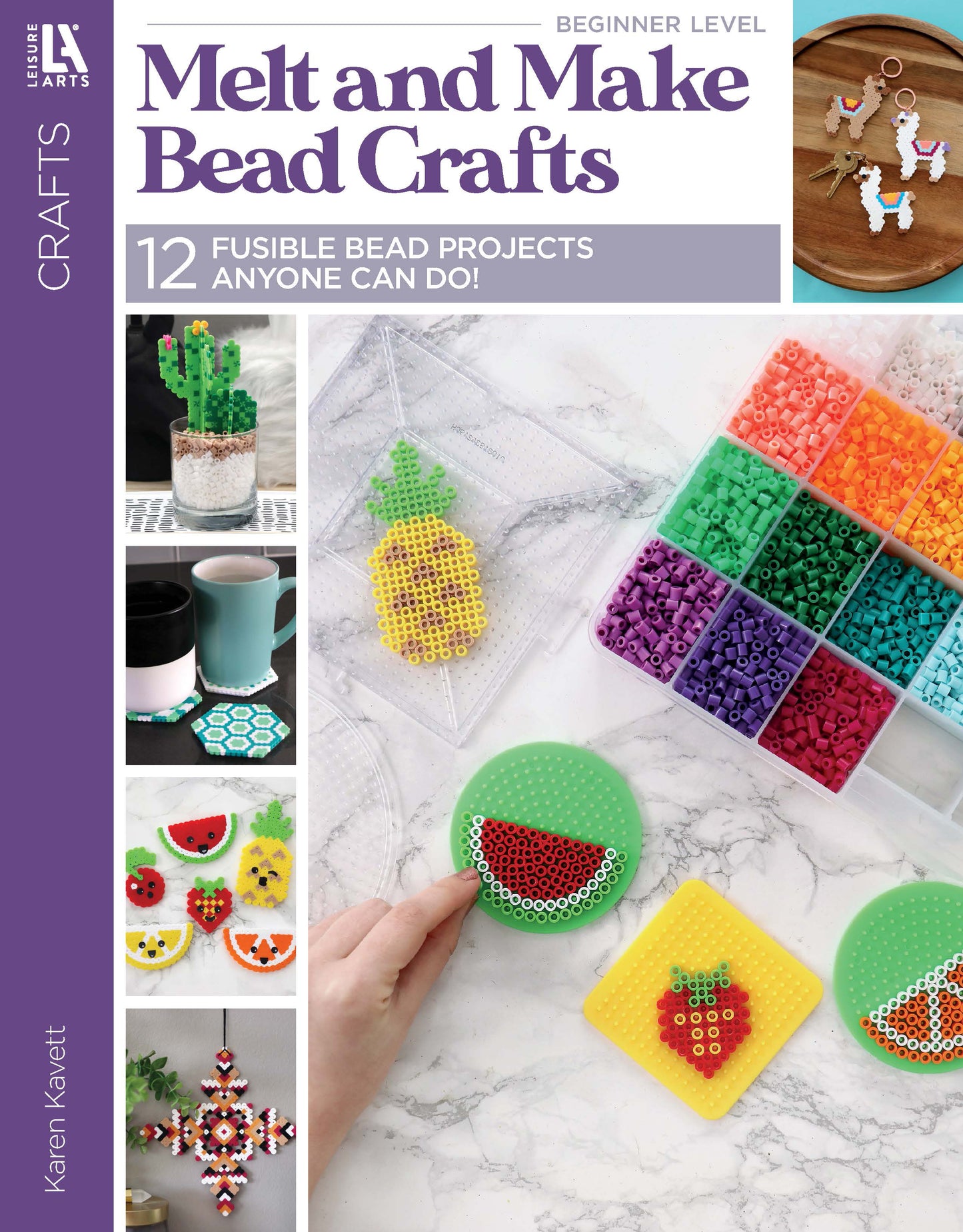 Cover of “Melt and Make Bead Crafts Digital Download” by Leisure Arts, featuring colorful meltable beads, fun beginner designs like cacti, animals, fruit, geometric shapes, plus bead supplies and creative finished projects.