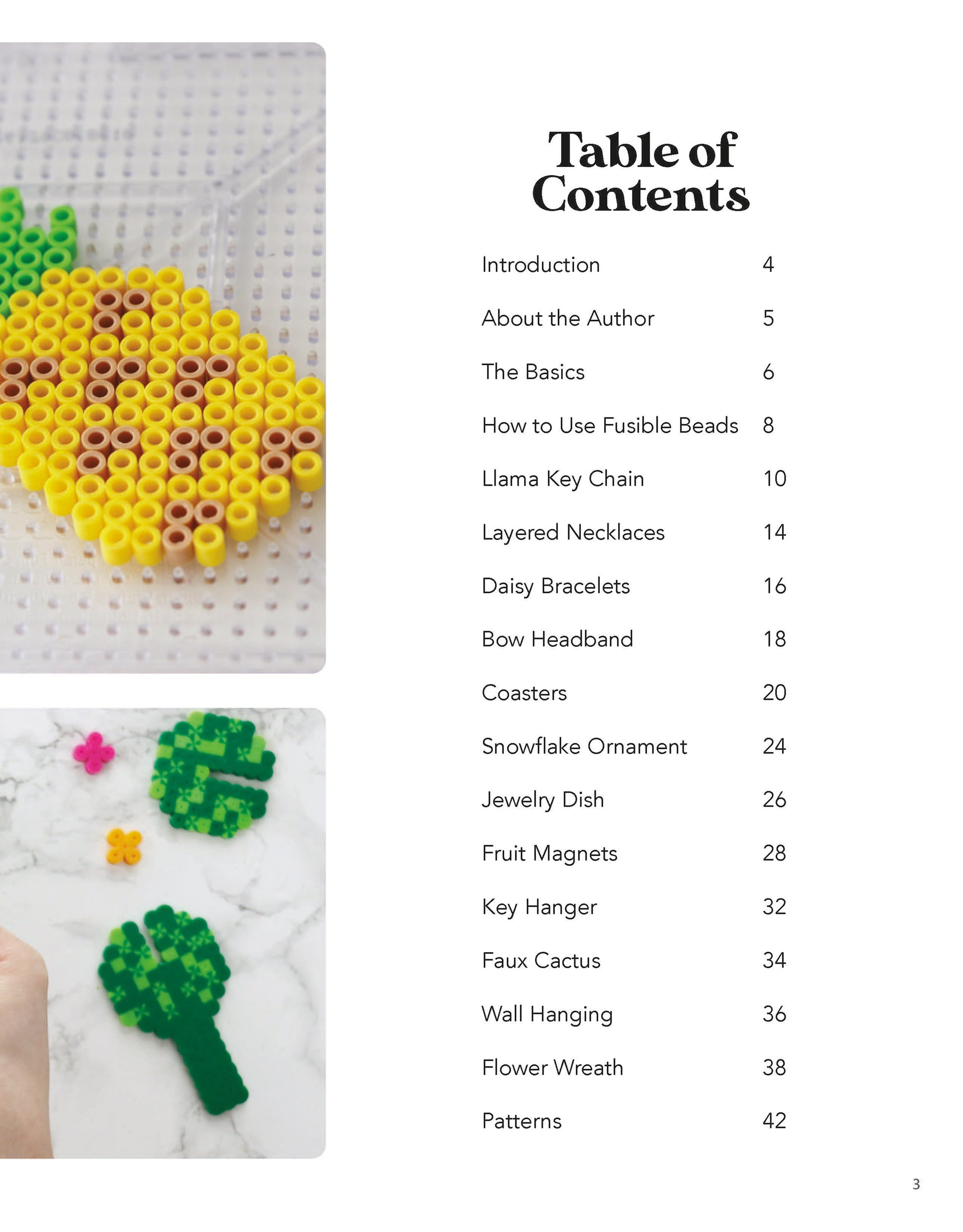 A table of contents for Leisure Arts' "Melt and Make Bead Crafts Digital Download" is shown beside photos of bead creations—a yellow pineapple and a green cactus—with each beginner project listed by page number.