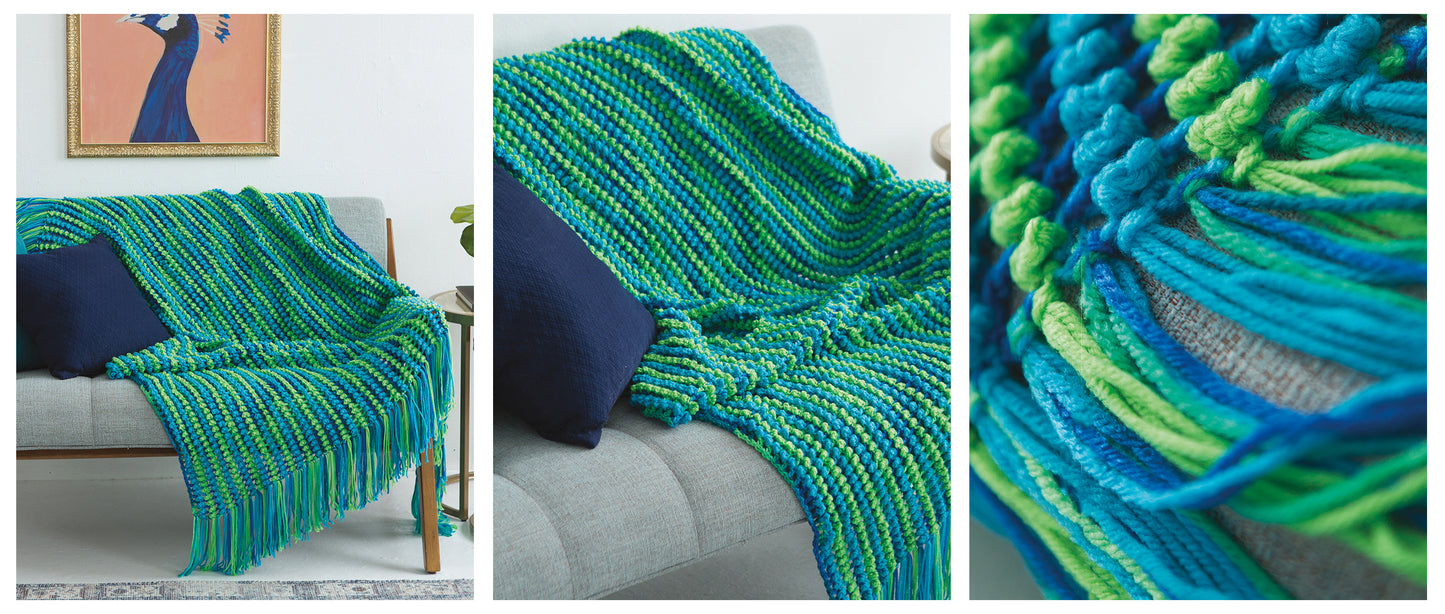 A triptych features a blue and green striped blanket draped over a grey sofa with a navy pillow. The chunky yarn texture inspires projects from Bright Afghans Crochet by Leisure Arts. A painting adorns the wall above the blanket.