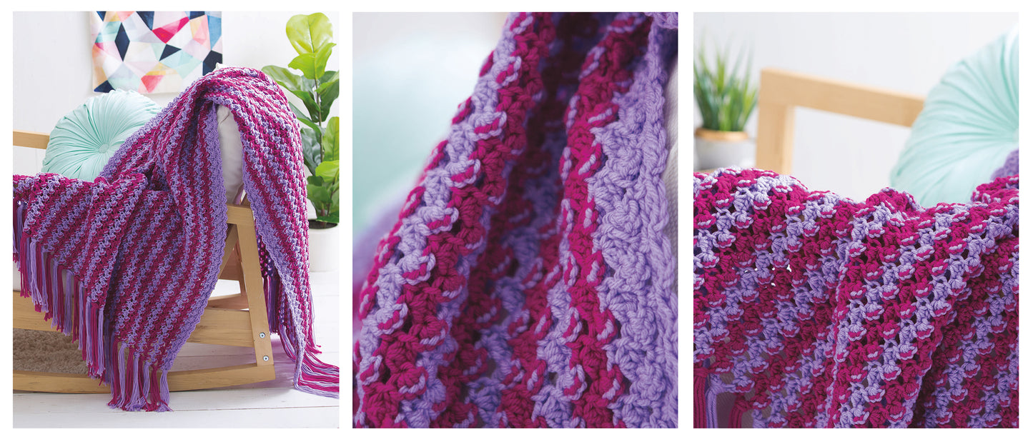 A collage shows a crocheted blanket from Leisure Arts’ Bright Afghans Crochet, in purple, pink, and lavender, draped on a chair with close-ups of textured stitches and tassels—ideal inspiration for colorful afghan patterns.