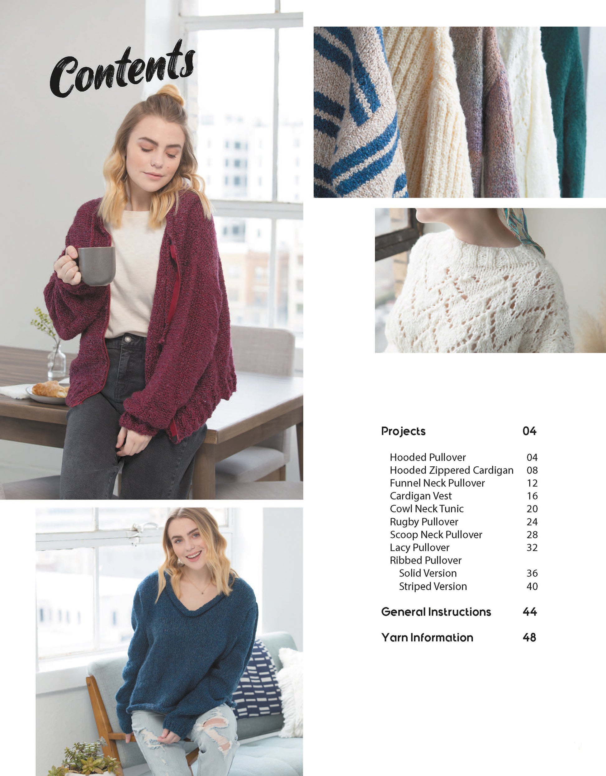 The contents page of Sweater Weather Knit's by Leisure Arts shows women modeling knitted sweaters, close-ups of knit textures, and a project list with beginner bulky-yarn patterns for pullovers and cardigans, plus page numbers.