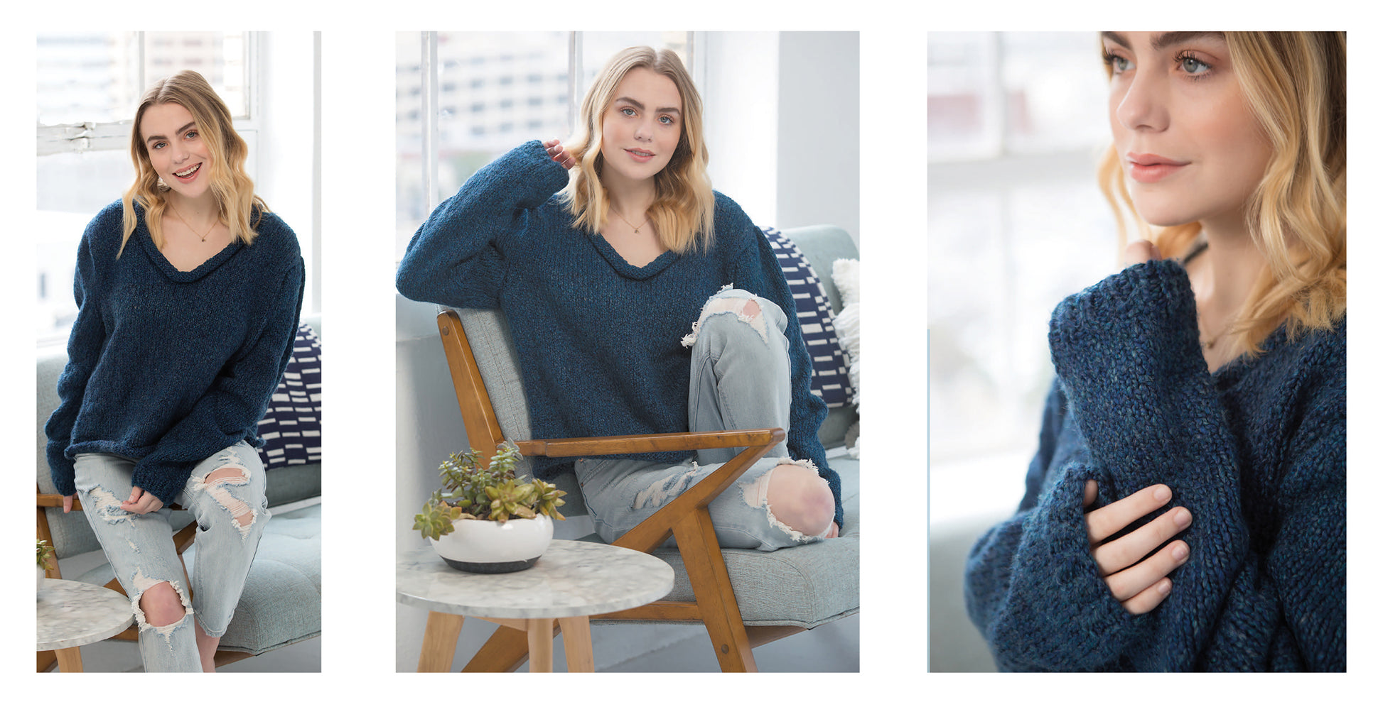 A woman in a loose blue Leisure Arts “Sweater Weather Knit’s” sweater and ripped jeans sits by a window, smiling softly. A small succulent is on the table nearby. Another image shows a close-up of her face and the sweater.