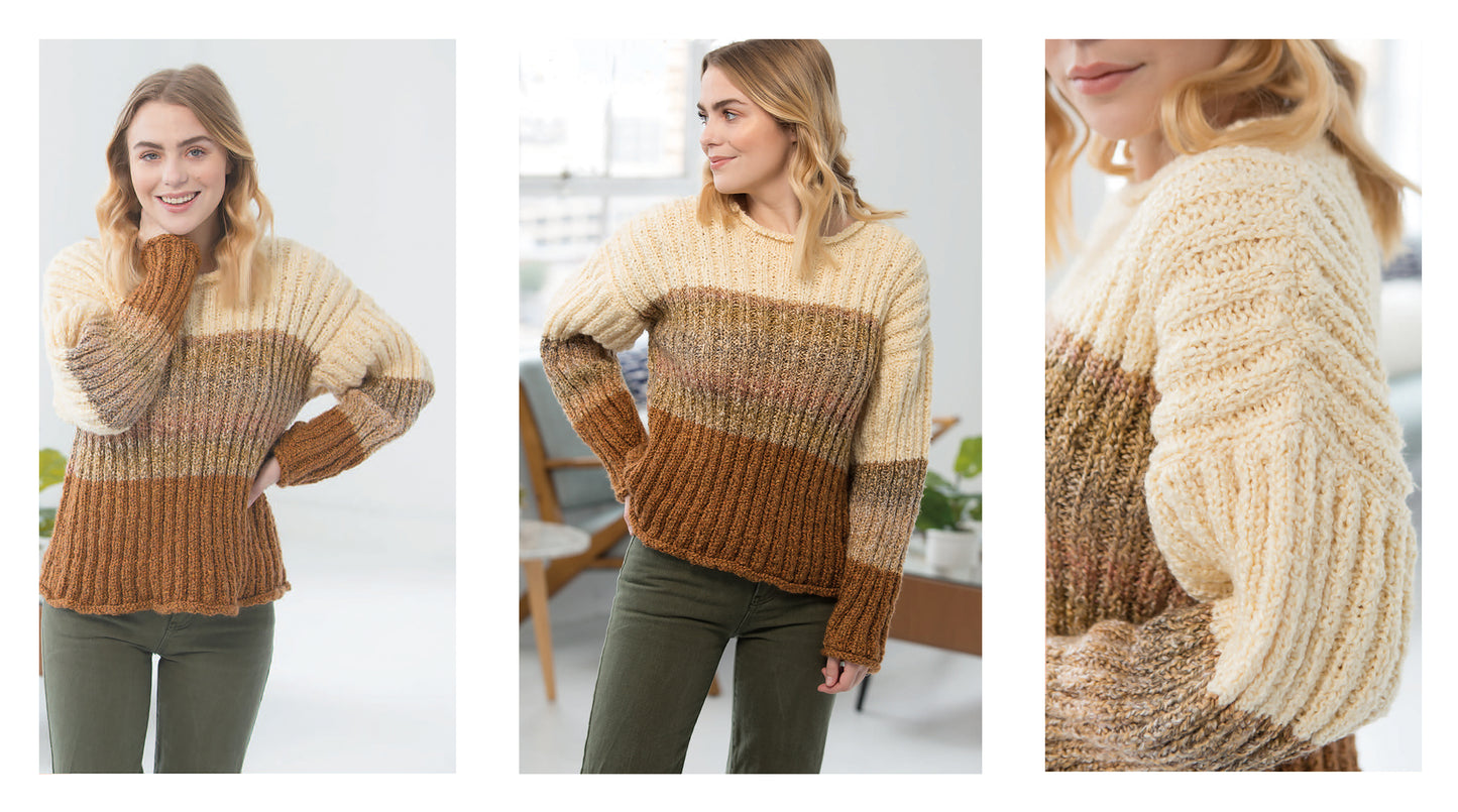 A woman poses indoors wearing the Leisure Arts Sweater Weather Knit's—a cozy, color-blocked sweater in cream, beige, and brown. Three views highlight its bulky yarn texture: front, side, and a close-up of the sleeves' fabric.