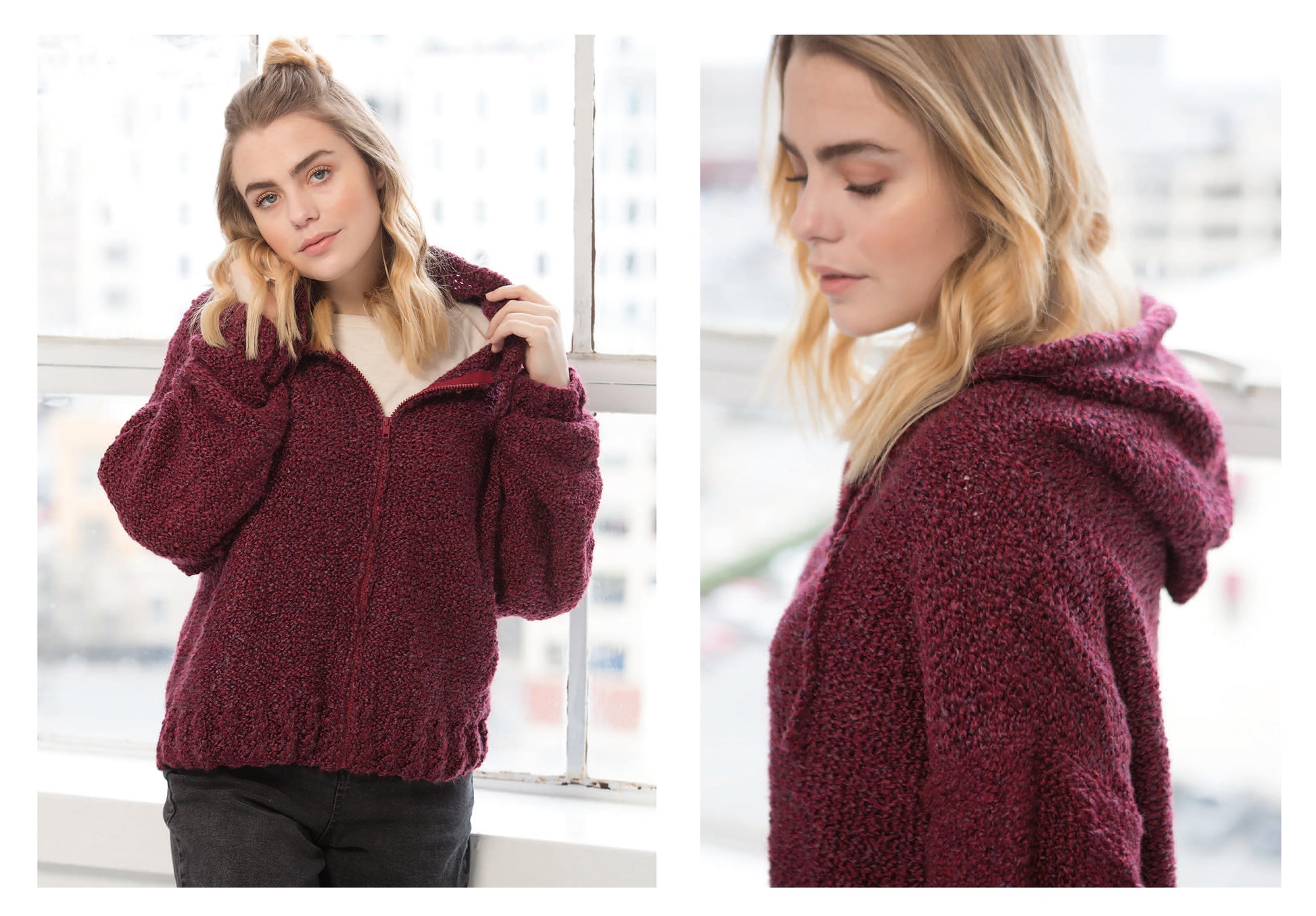 A blonde woman models the Sweater Weather Knit's maroon zip-up hoodie by Leisure Arts, ideal for beginners using bulky weight yarn. She's indoors near large windows—one photo facing forward, another shows a close-up side profile.