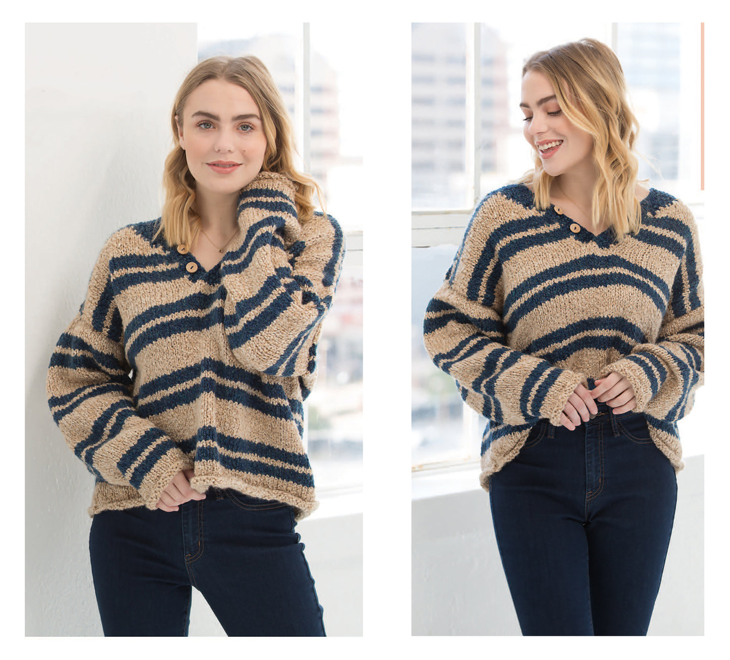 A blonde woman wears the Sweater Weather Knit's from Leisure Arts—a cozy, striped tan and navy sweater made with bulky yarn—paired with dark jeans. She poses indoors by a sunny window, smiling in one shot and touching her neck in another.