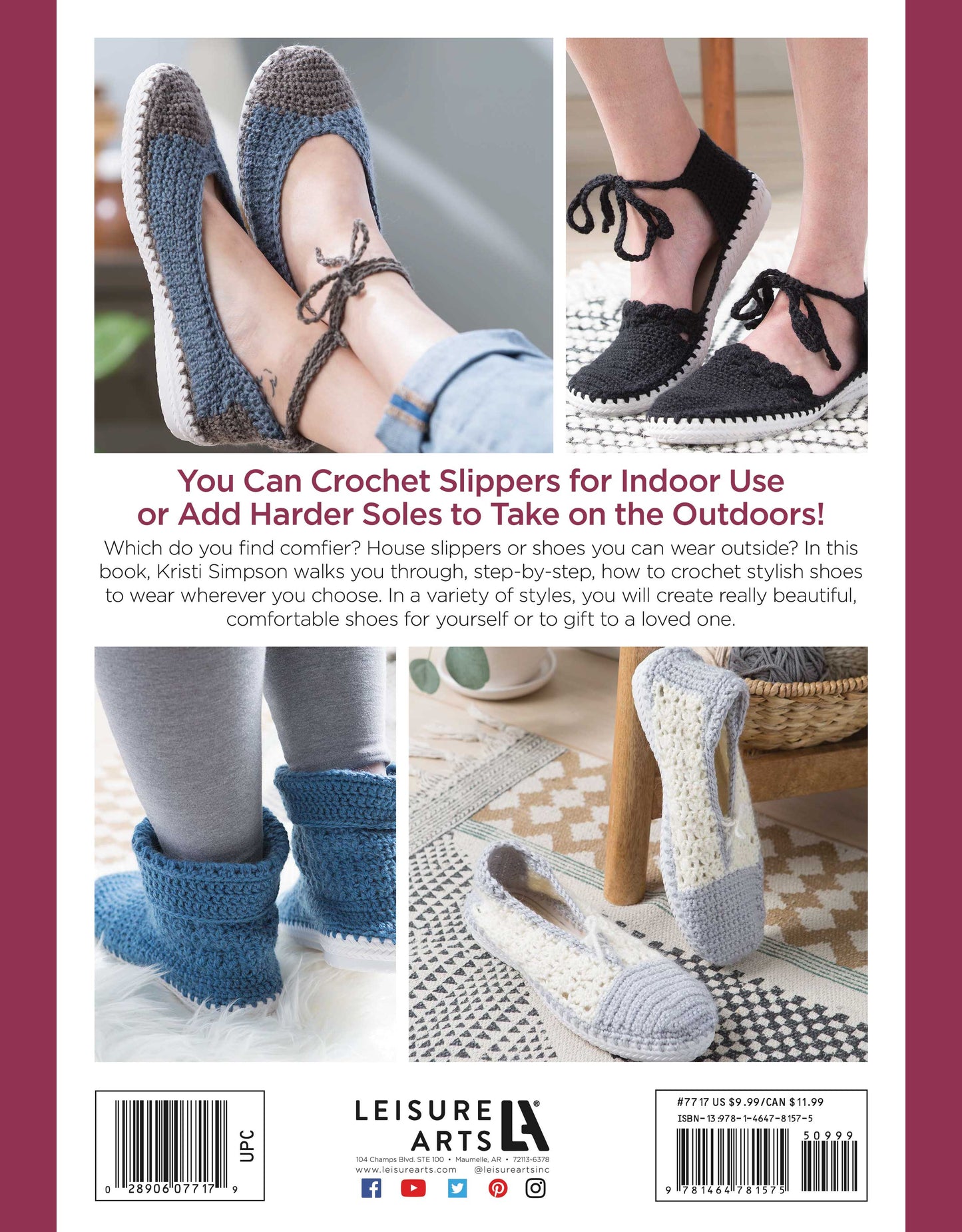 Four photos show Leisure Arts Crochet Shoes in gray, blue, black, and white on people’s feet indoors. Text highlights these crochet shoes for indoor and outdoor wear. The Leisure Arts logo is displayed at the bottom.