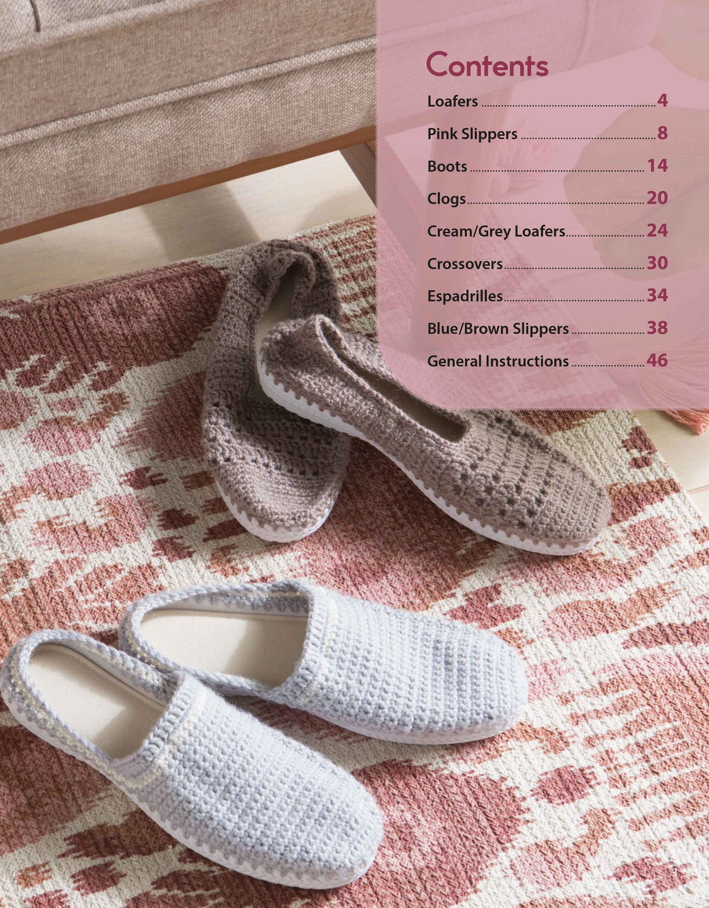 Three pairs of stylish Crochet Shoes by Leisure Arts in pink, brown, and grey are displayed on a patterned rug near a sofa. A pink overlay shows the table of contents for a slipper pattern book.