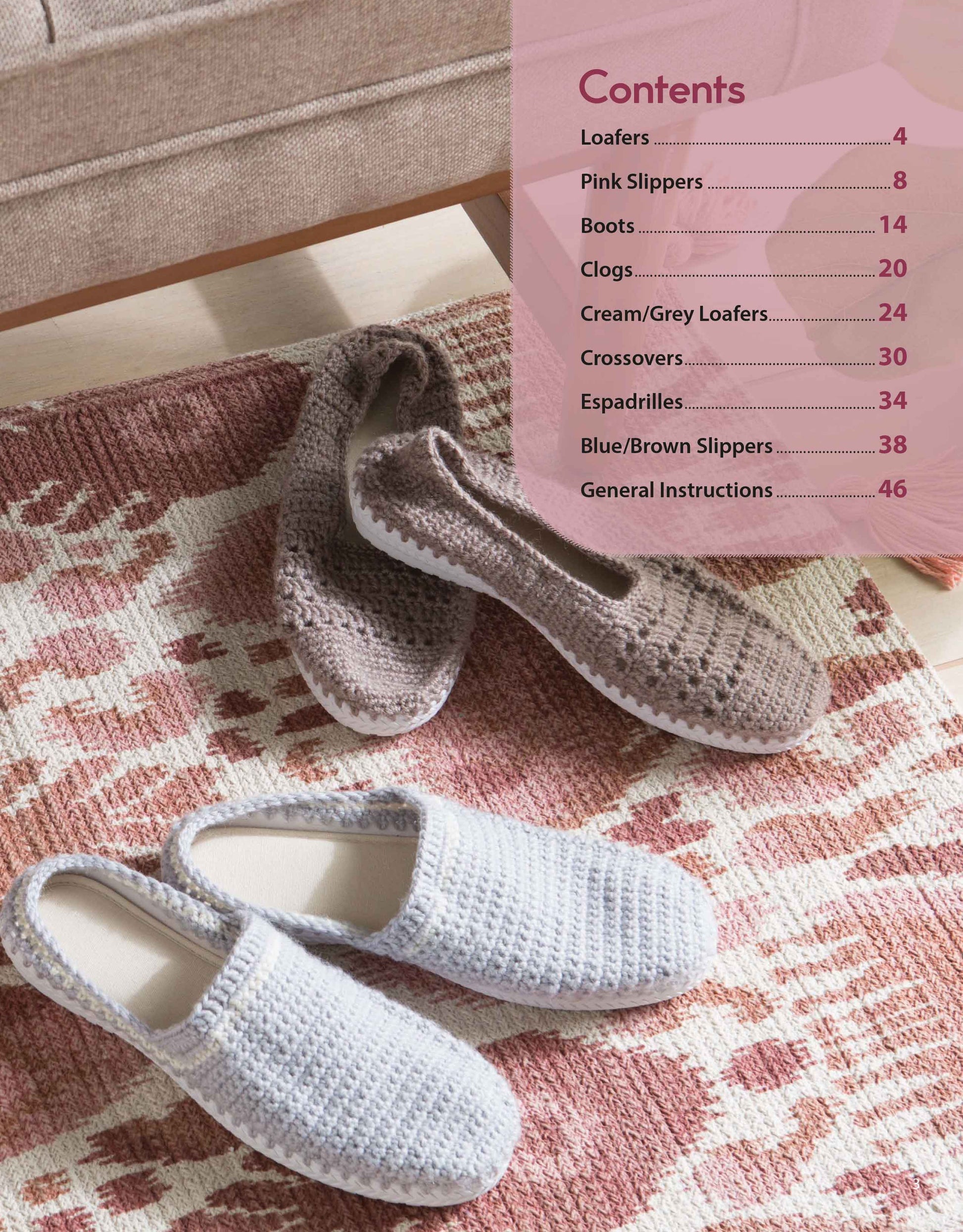 Three pairs of stylish Crochet Shoes by Leisure Arts in pink, brown, and grey are displayed on a patterned rug near a sofa. A pink overlay shows the table of contents for a slipper pattern book.