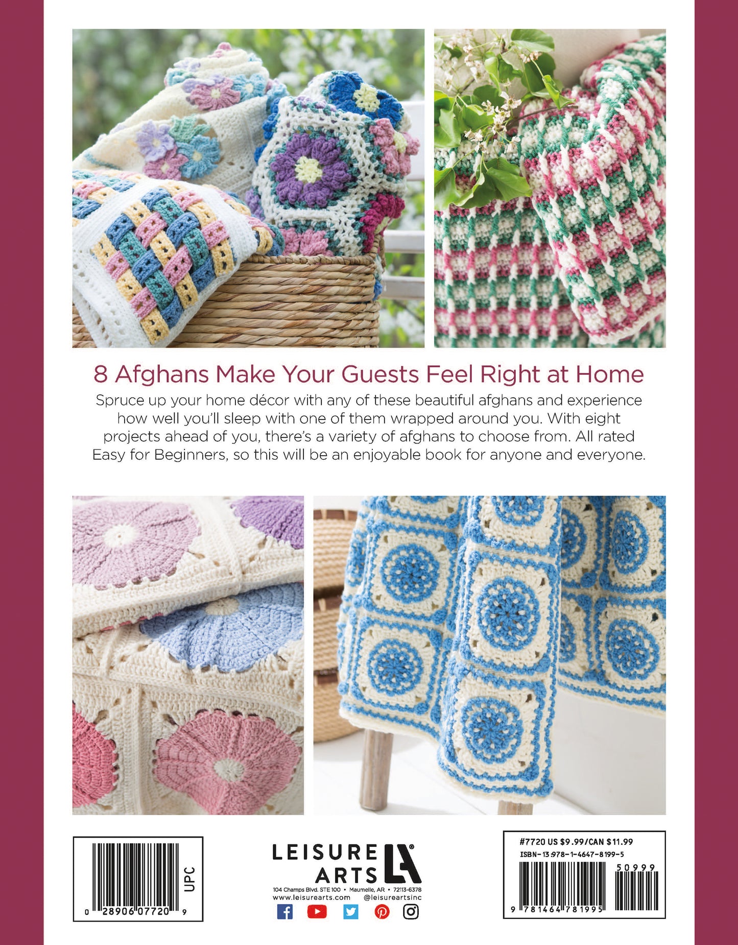 Four Crochet Spring Afghans from Leisure Arts, featuring colorful square and floral patterns, are draped over chairs and a bench. The text spotlights eight easy crochet projects to brighten your home decor. Leisure Arts logo appears below.