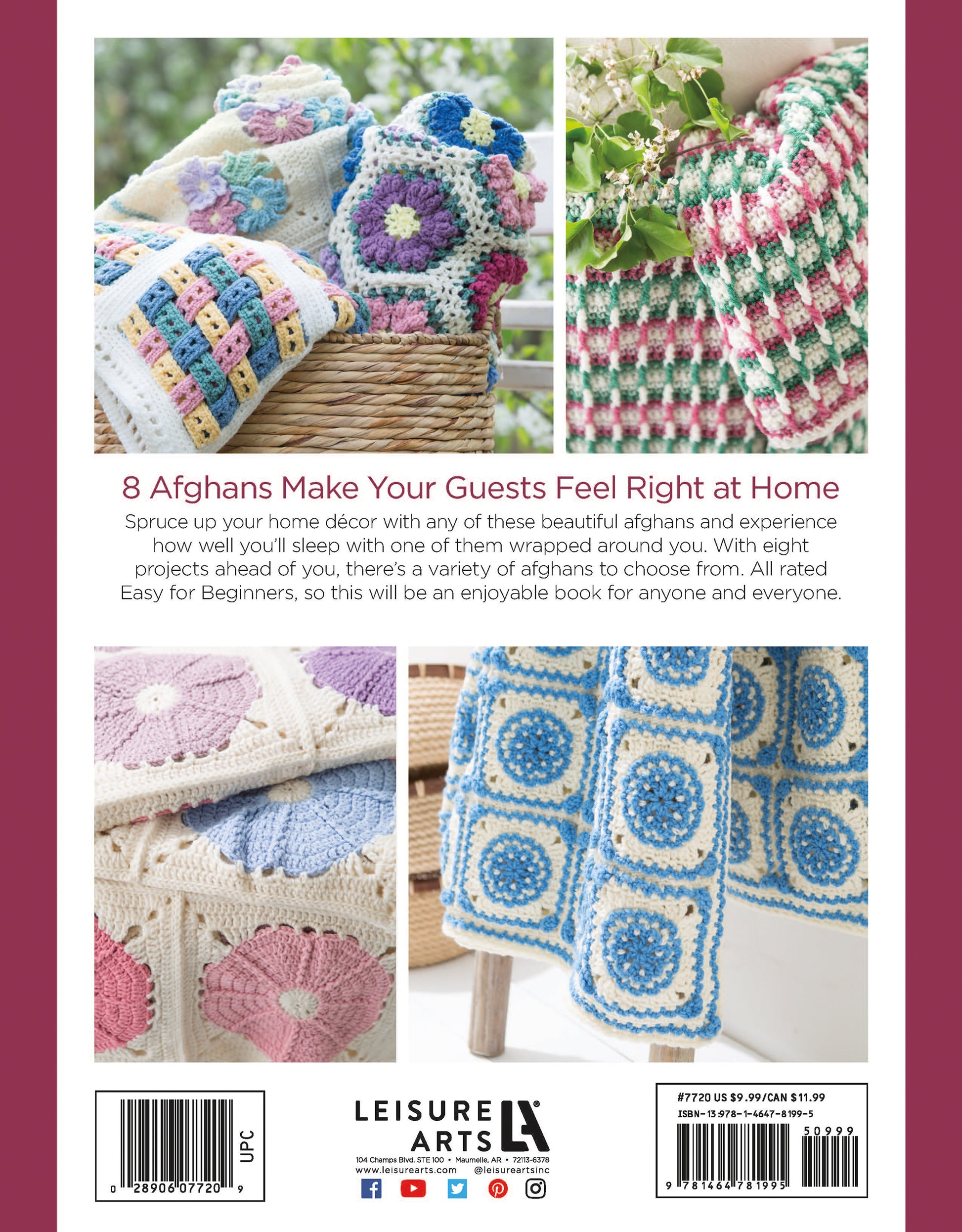 Four Crochet Spring Afghans from Leisure Arts, featuring colorful square and floral patterns, are draped over chairs and a bench. The text spotlights eight easy crochet projects to brighten your home decor. Leisure Arts logo appears below.