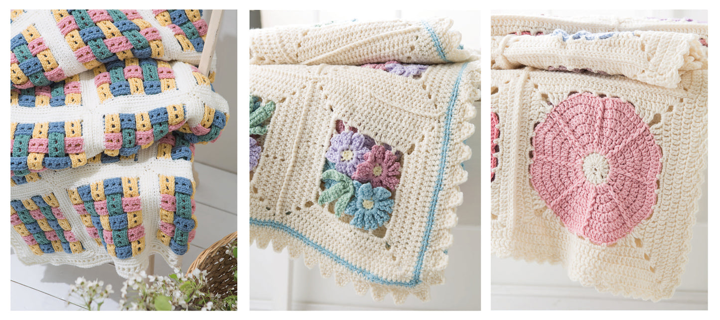 Crochet Spring Afghans by Leisure Arts features three pastel blankets: one with a vibrant block pattern, one with floral granny squares, and one with a big pink flower—ideal beginner crochet afghans and delightful home decor.