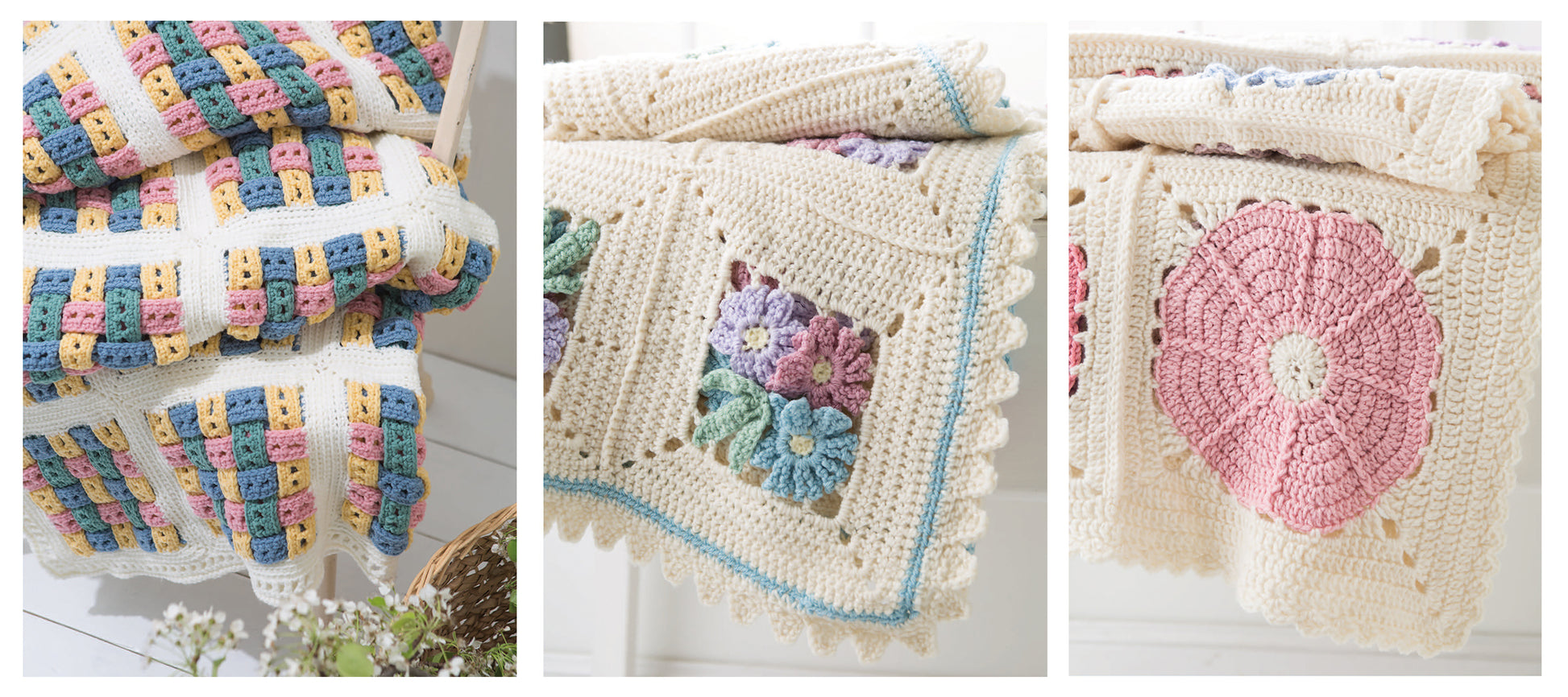 Crochet Spring Afghans by Leisure Arts features three pastel blankets: one with a vibrant block pattern, one with floral granny squares, and one with a big pink flower—ideal beginner crochet afghans and delightful home decor.