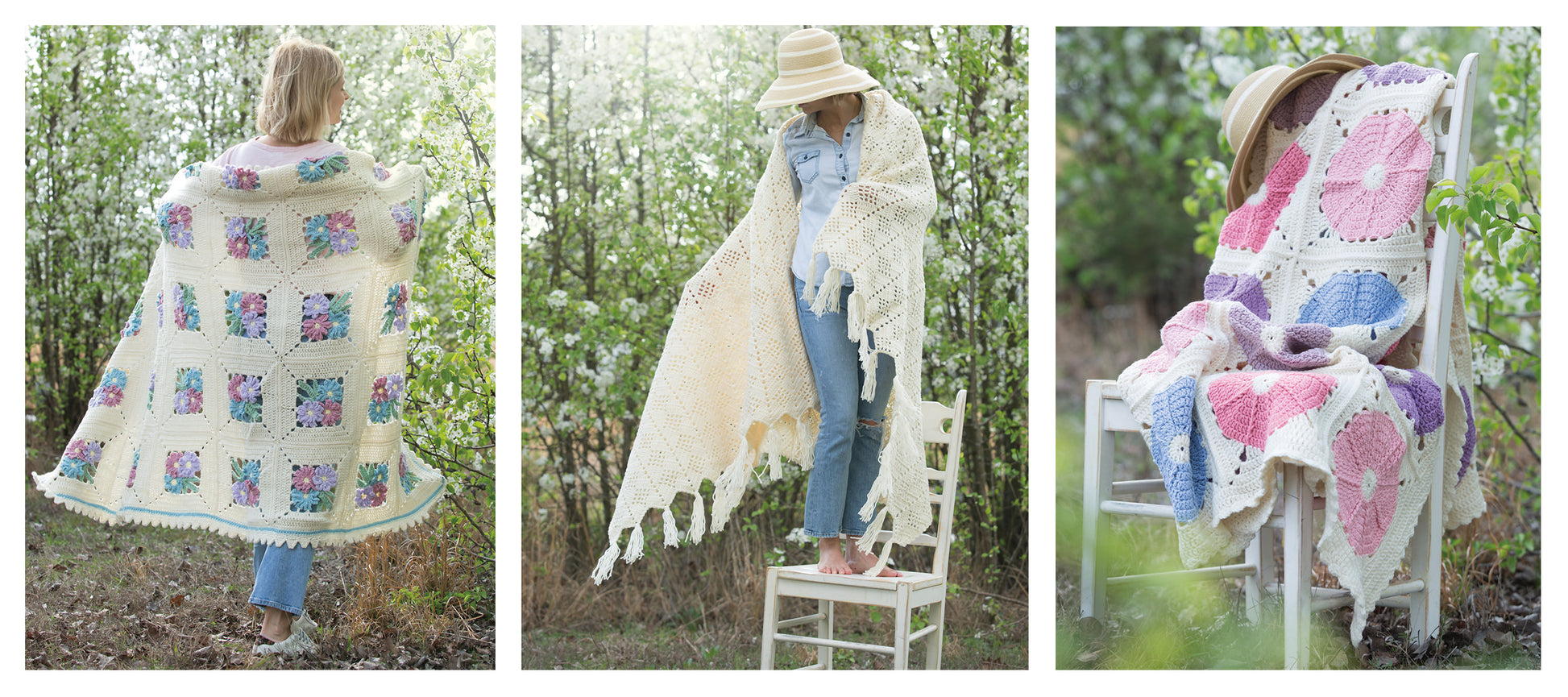 Three women outdoors display Leisure Arts' Crochet Spring Afghans: a floral square pattern, a cream blanket with tassels, and a pink and purple heart design—ideal home decor or beginner crochet inspiration.