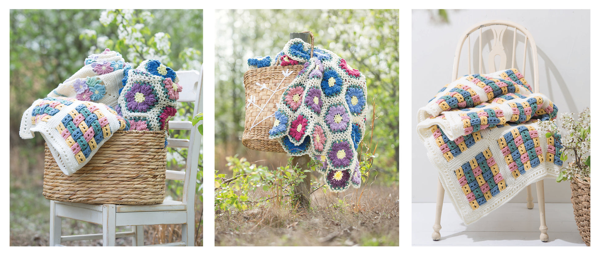 Three photos of Leisure Arts' Crochet Spring Afghans—colorful, hand-crocheted blankets—shown on a white chair, in a woven basket outdoors, and on a wooden chair, all displayed in bright natural light.