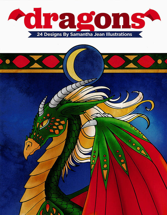 A vibrant green dragon with red wings, gold accents, and white horns appears on a blue backdrop with a crescent moon and geometric patterns. Enjoy Dragons—24 Designs by Samantha Jean Illustrations from Leisure Arts, perfect for coloring book fans.