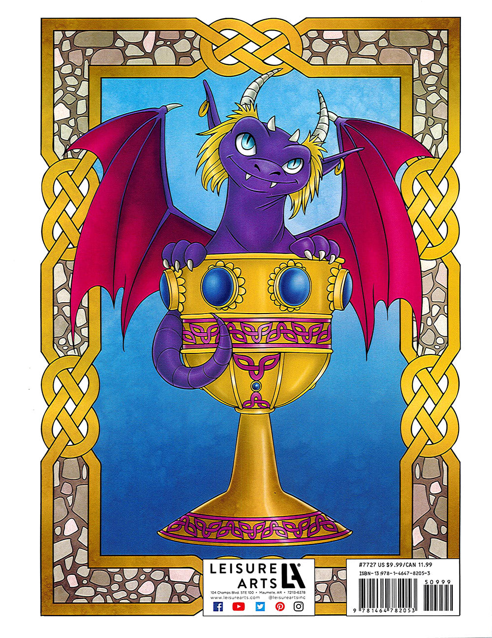 A purple dragon with yellow hair, white horns, and red wings sits in a golden goblet, surrounded by a blue panel with decorative Celtic knots. Featured in "Dragons—24 Designs" by Samantha Jean Illustrations from Leisure Arts.