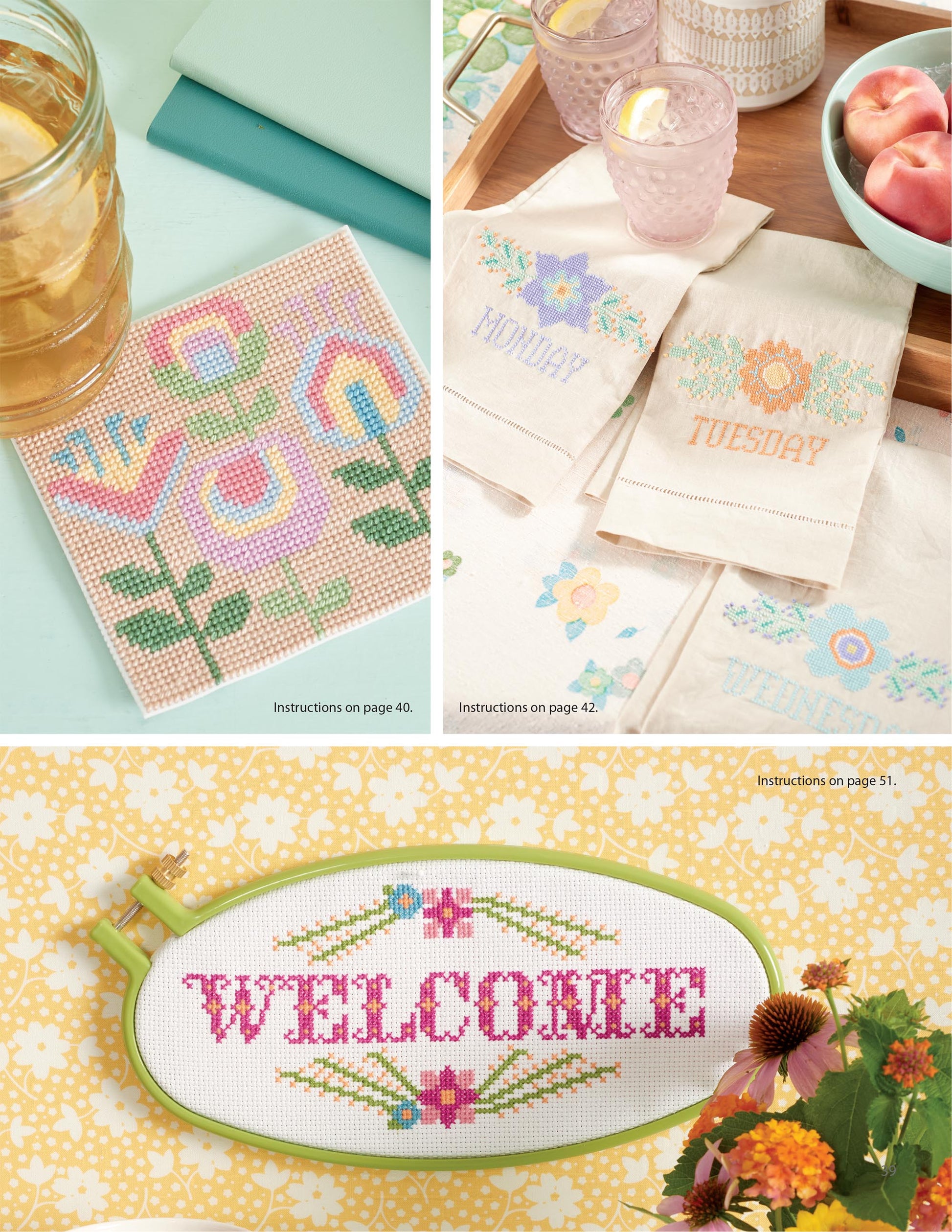 A collage features Leisure Arts’ “From the Garden Cross Stitch”—floral needlepoint coasters, day-of-the-week napkins, and a WELCOME hoop—perfect floral projects for creative home decor.