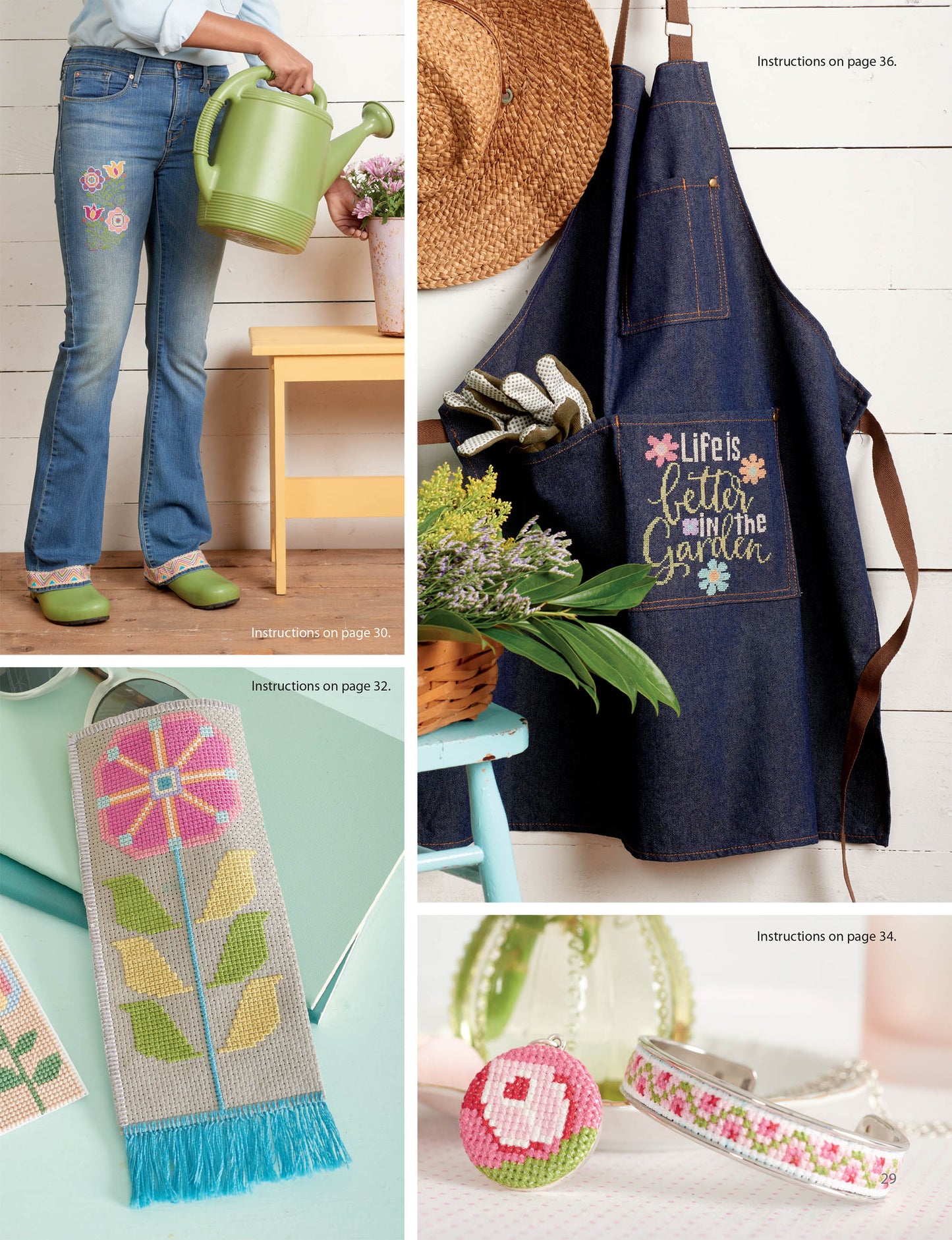 A collage of garden-inspired crafts: a person in embroidered jeans waters plants, a denim apron hangs with tools, floral bookmarks, and Leisure Arts’ From the Garden Cross Stitch fashion accessories.