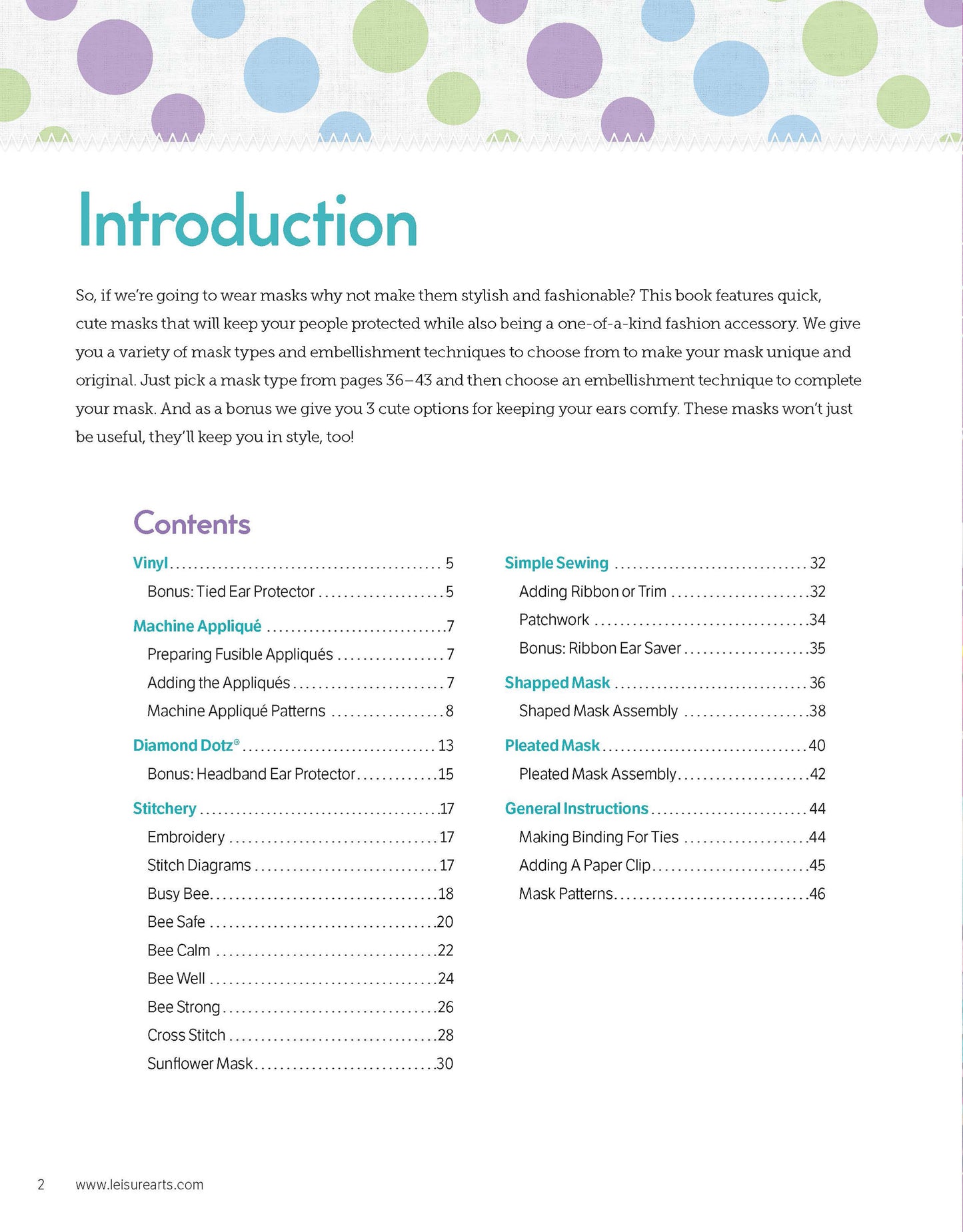 A vibrant page from Leisure Arts' "Breathe Easy 2—30 Embellishments for Adding Style to Any Mask" shows an Introduction with playful dots above a clear table of contents featuring mask techniques and bonus patterns, neatly organized by section.