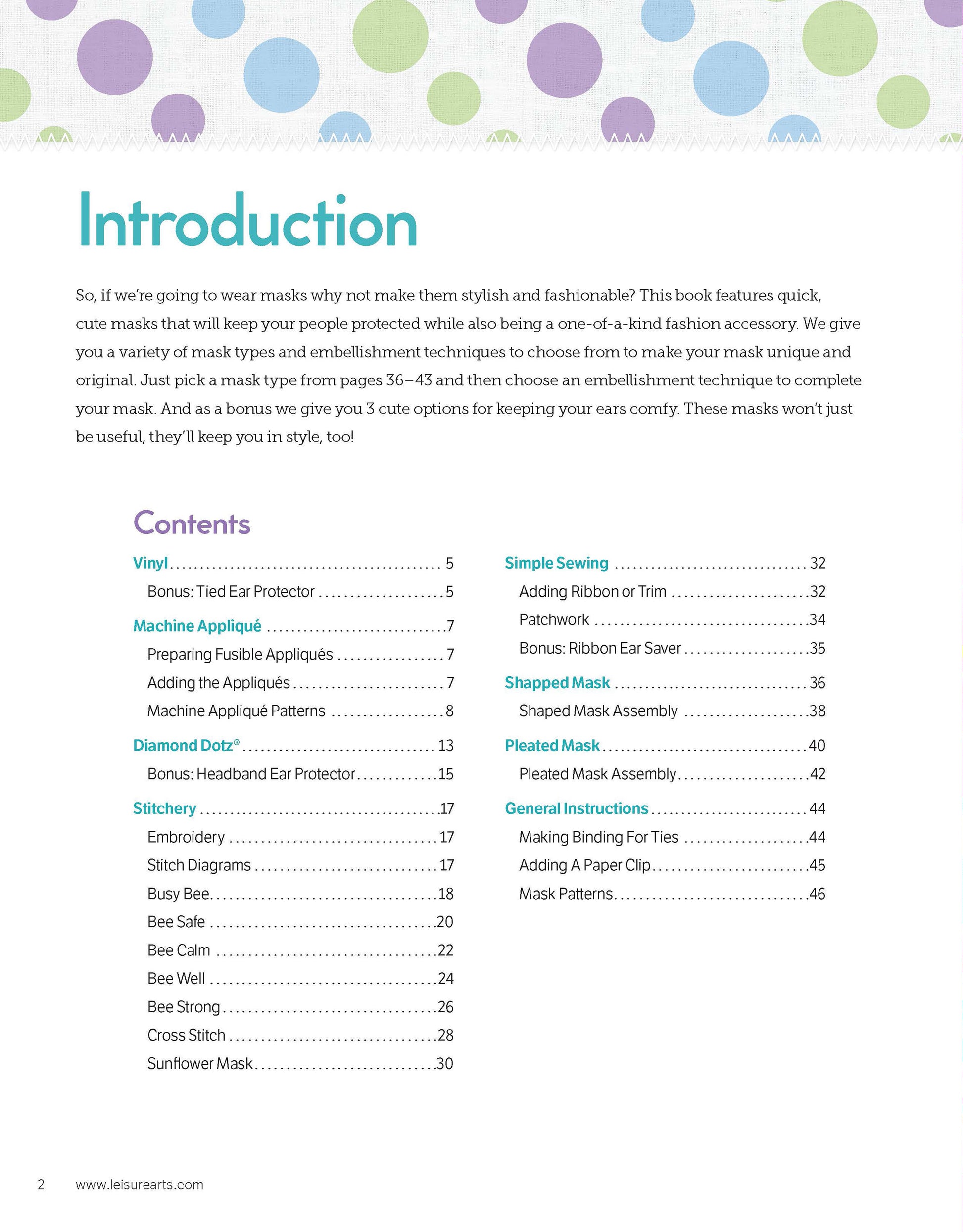 A vibrant page from Leisure Arts' "Breathe Easy 2—30 Embellishments for Adding Style to Any Mask" shows an Introduction with playful dots above a clear table of contents featuring mask techniques and bonus patterns, neatly organized by section.