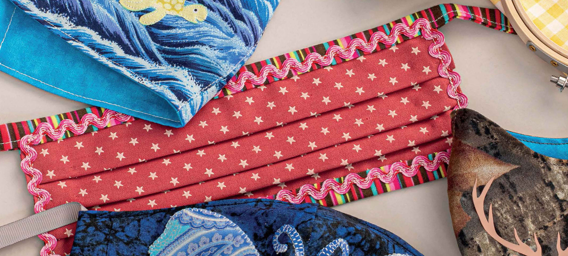 Leisure Arts’ Breathe Easy 2—30 Embellishments for Adding Style to Any Mask inspires you with colorful, creatively adorned masks using appliques, rickrack, and iron-on vinyl for unique DIY mask designs.