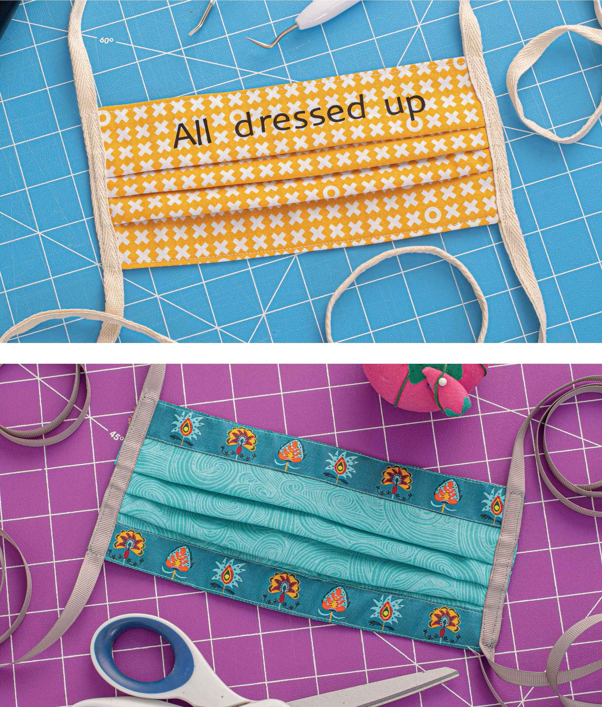 Breathe Easy 2 by Leisure Arts features 30 creative embellishments for any mask—shown on handmade masks with bright patterns and sewing tools—perfect inspiration for personalizing your face coverings with style.