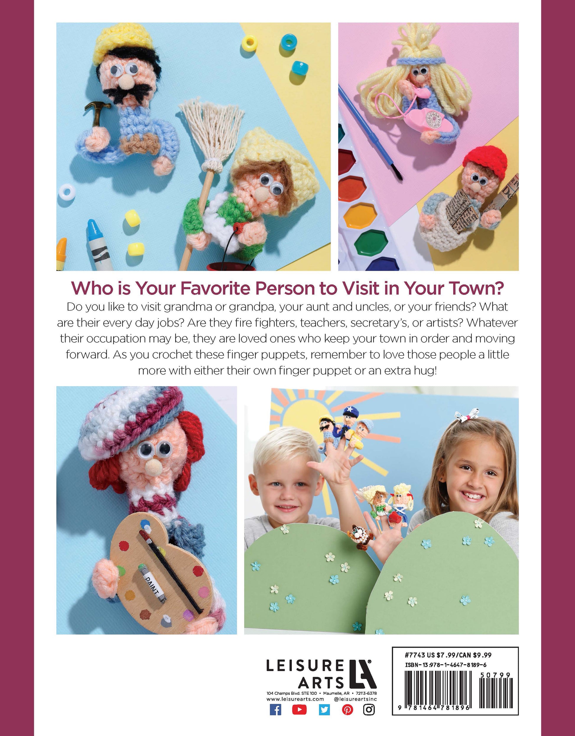 The back cover of Finger Puppets Our Town by Leisure Arts shows career finger puppets and a child with finished crafts. Text invites you to crochet puppets of loved ones from your town using beginner patterns. Leisure Arts logo and barcode are at the bottom.