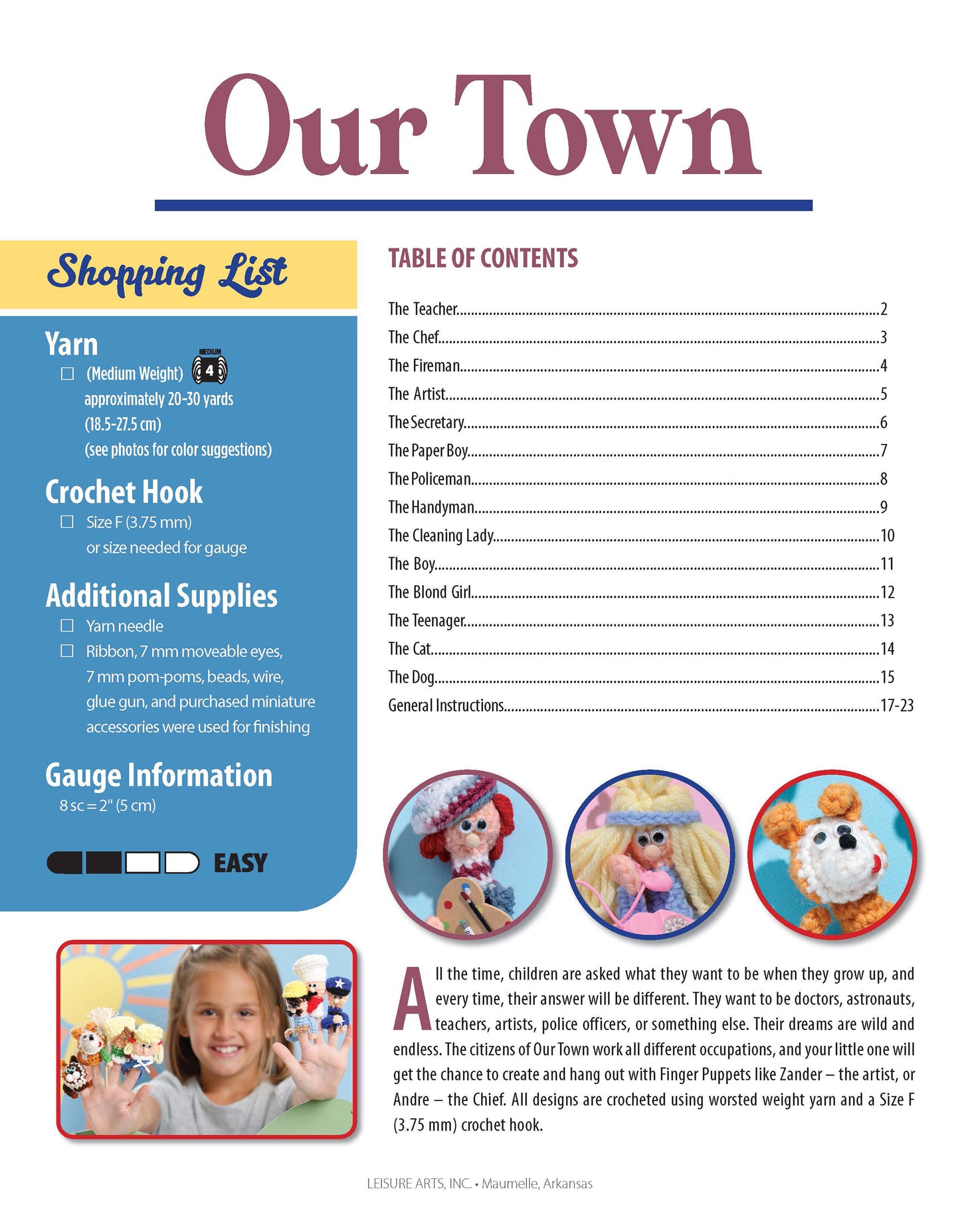 The “Finger Puppets Our Town” magazine by Leisure Arts features a shopping list for crochet supplies, table of contents, photos of crocheted dolls, and displays children holding beginner crochet patterns and playful finger puppets.