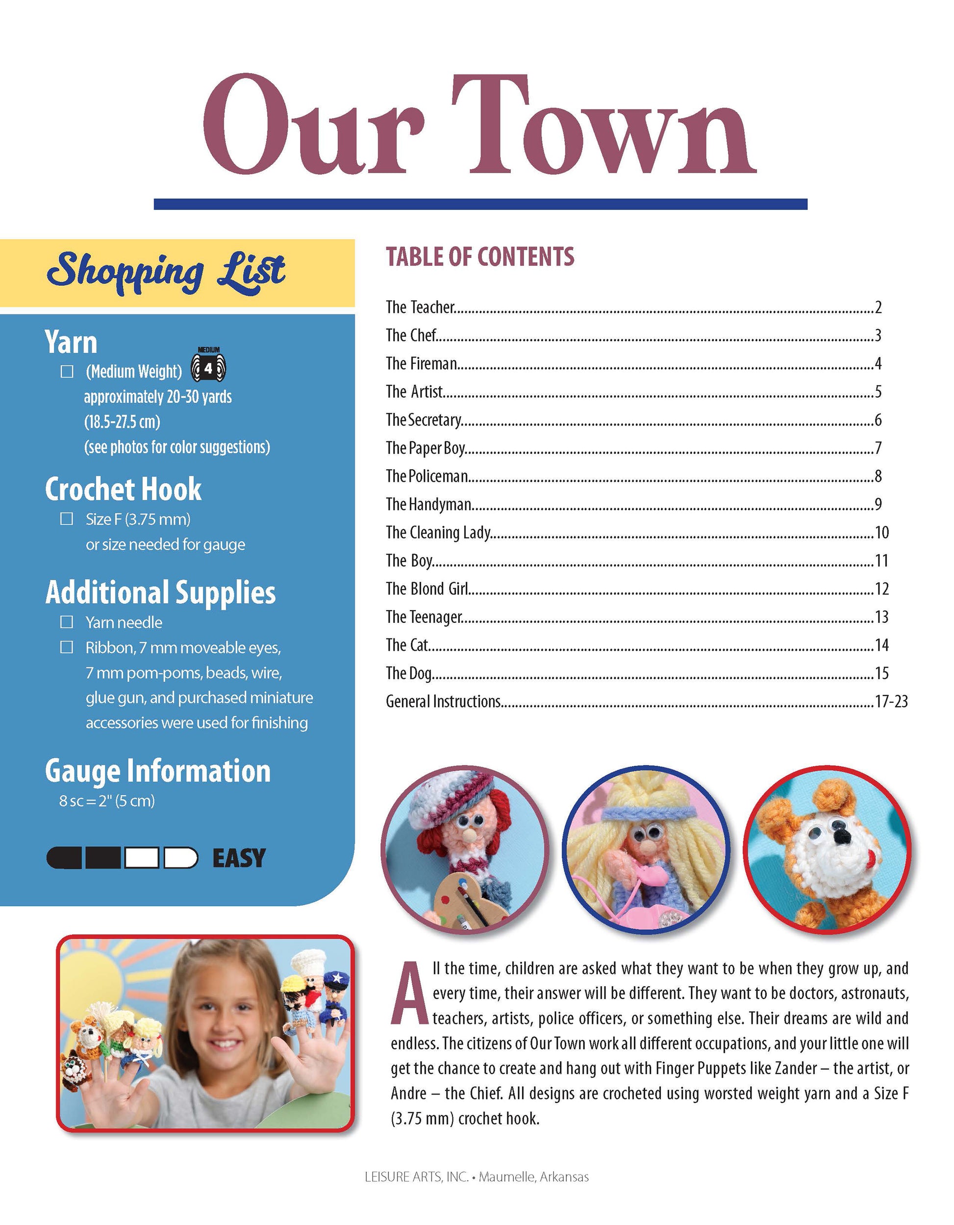 The “Finger Puppets Our Town” magazine by Leisure Arts features a shopping list for crochet supplies, table of contents, photos of crocheted dolls, and displays children holding beginner crochet patterns and playful finger puppets.