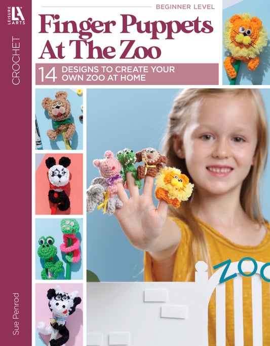A girl smiles while holding up four zoo animal crochet finger puppets—a panda, bear, frog, and lion. The cover reads: Leisure Arts Finger Puppets At The Zoo: 14 Designs to Create Your Own Zoo At Home.
