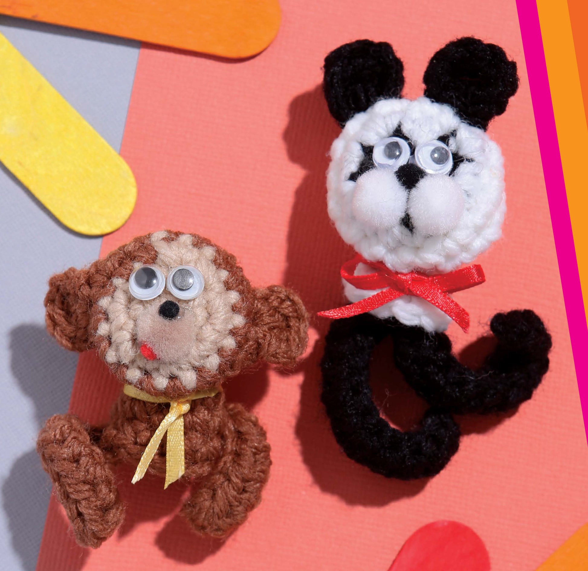 Discover "Finger Puppets At The Zoo" by Leisure Arts—adorable crocheted animal figures like a brown monkey and black-and-white panda, each with googly eyes and ribbon bows. Perfect for beginner crochet projects or zoo animal fans!.