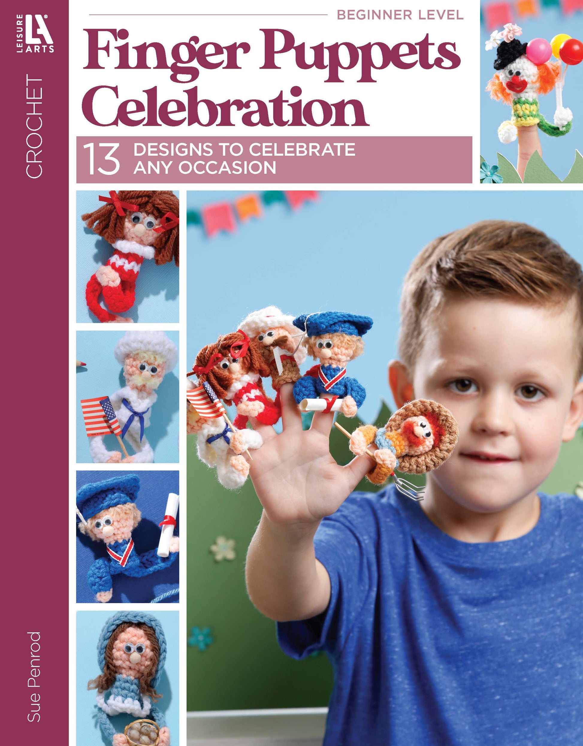 A young boy smiles and shows his hand with five colorful crochet finger puppets; the cover of Finger Puppets Celebration by Leisure Arts features beginner crochet patterns and themed puppets for various occasions.