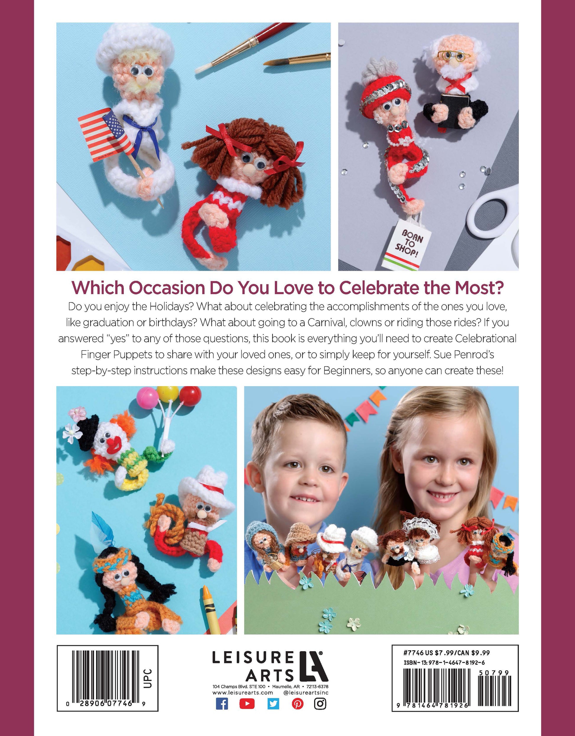 The back cover of "Finger Puppets Celebration" by Leisure Arts displays colorful crochet finger puppets for occasions like graduation, weddings, and holidays, featuring easy patterns and decorative text perfect for beginners.