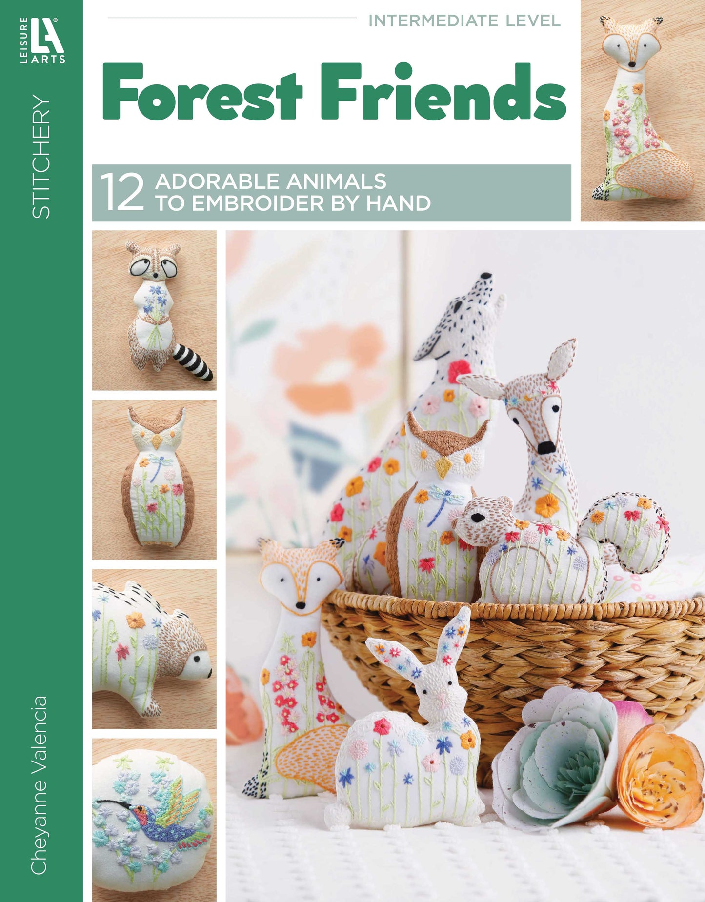 Cover of Leisure Arts’ “Forest Friends—12 Adorable Animals to Embroider by Hand” digital download, featuring hand-embroidered rabbit, fox, raccoon, and deer in a basket with animal embroidery patterns along the side.