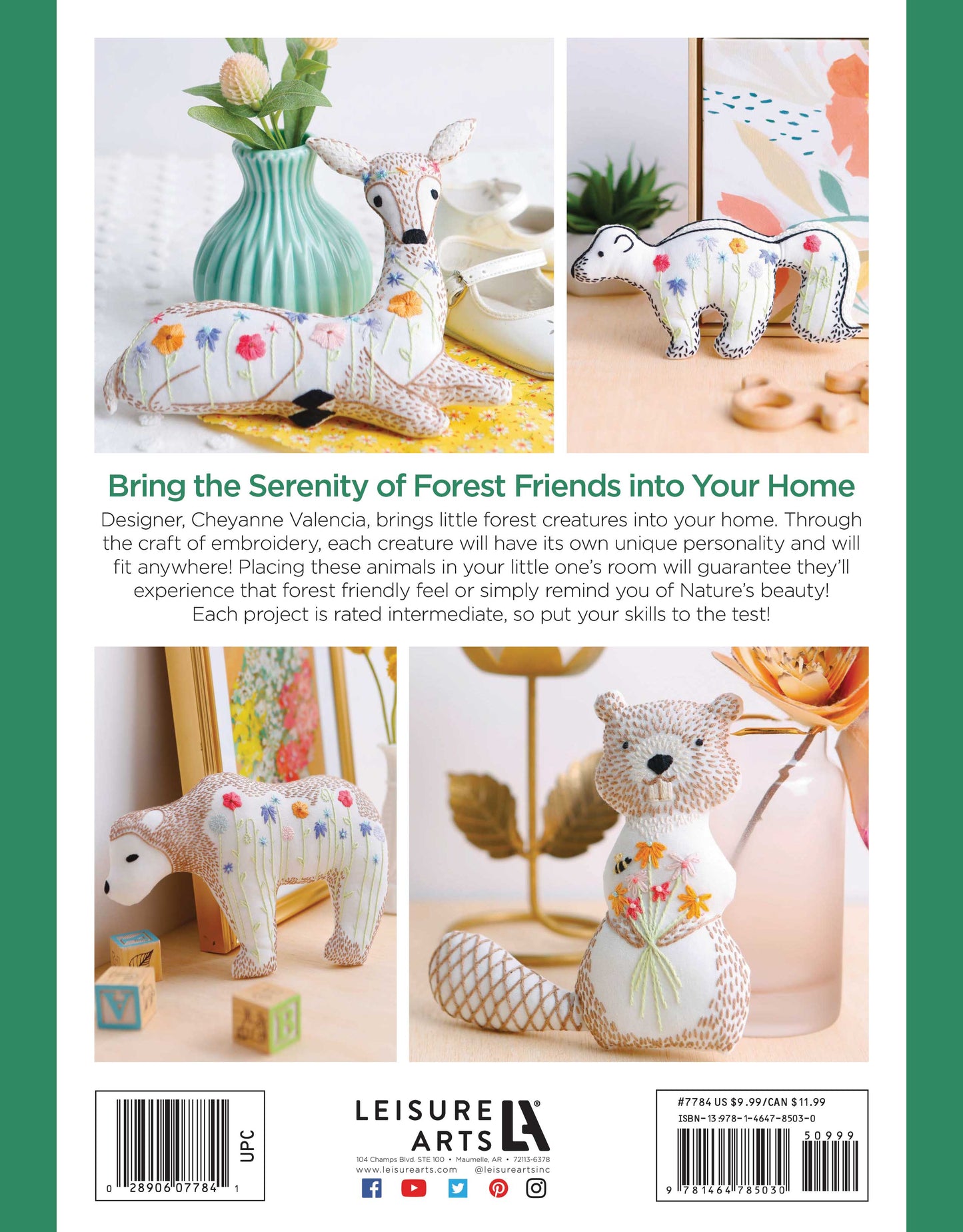Back cover of "Forest Friends—12 Adorable Animals to Embroider by Hand" (Leisure Arts) shows three embroidered animal dolls—a fox, lamb, and raccoon—adorned with floral designs, ideal for intermediate stitchers. Light décor and plants in the background.
