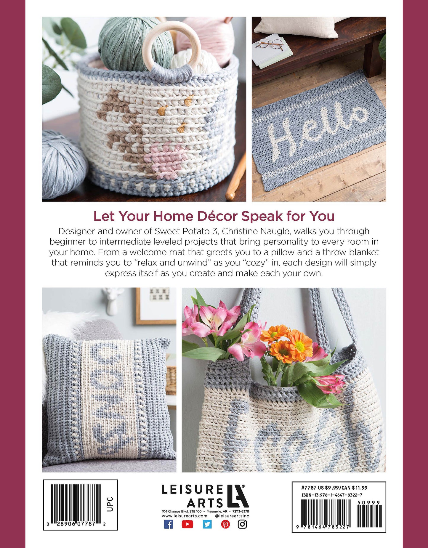 The back cover of the Graphed Crochet Digital Download by Leisure Arts showcases beginner-friendly home decor projects: a yarn basket, "Hello" mat, striped pillow, and floral tote—all in soft pastels with textured stitches.