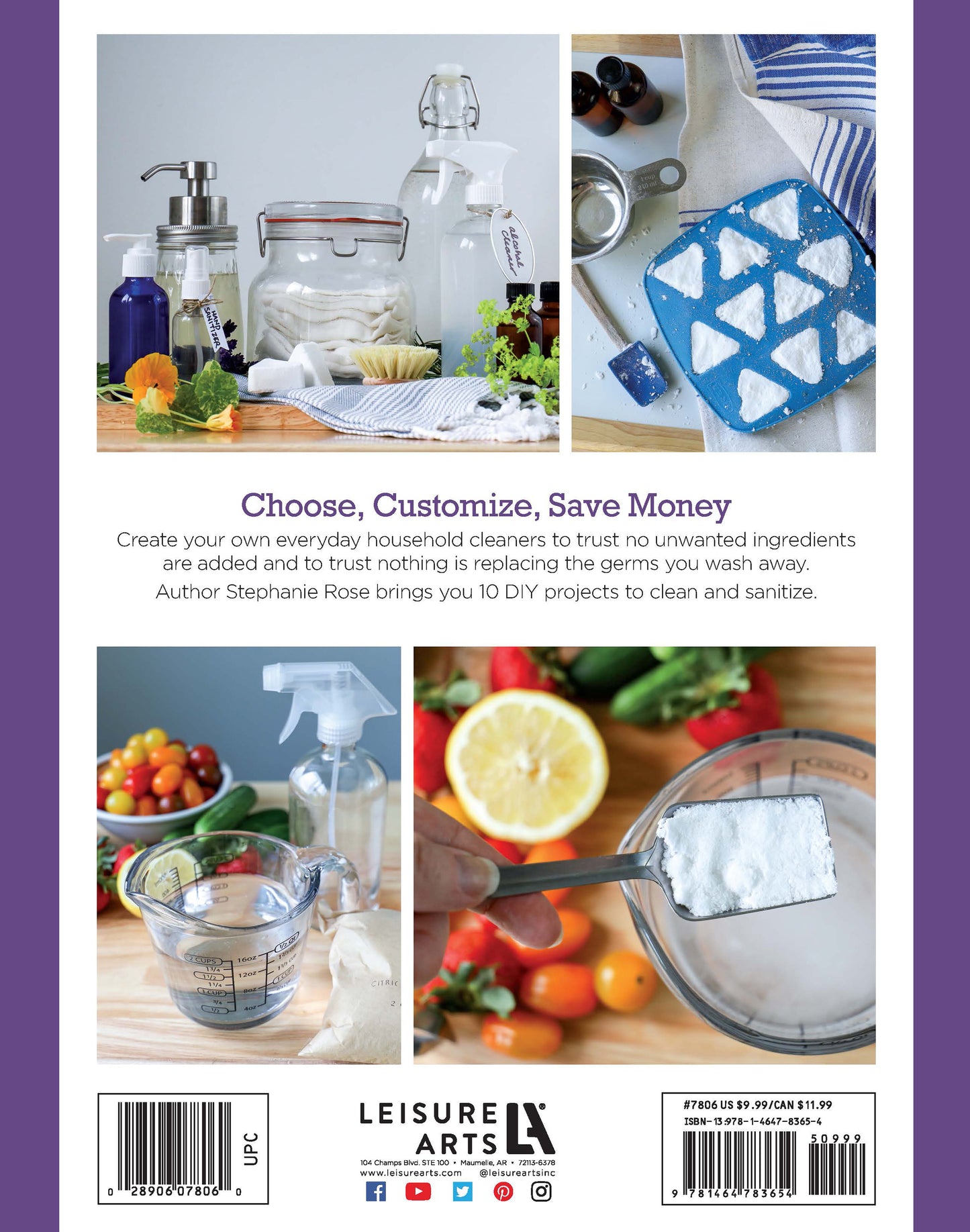 The back cover of "Handmade Soaps, Sanitizers, & Cleaners Digital Download" by Leisure Arts shows DIY cleaning with glass jars, spray bottles, lemons, and baking soda—offering customizable, money-saving solutions for a naturally clean home.
