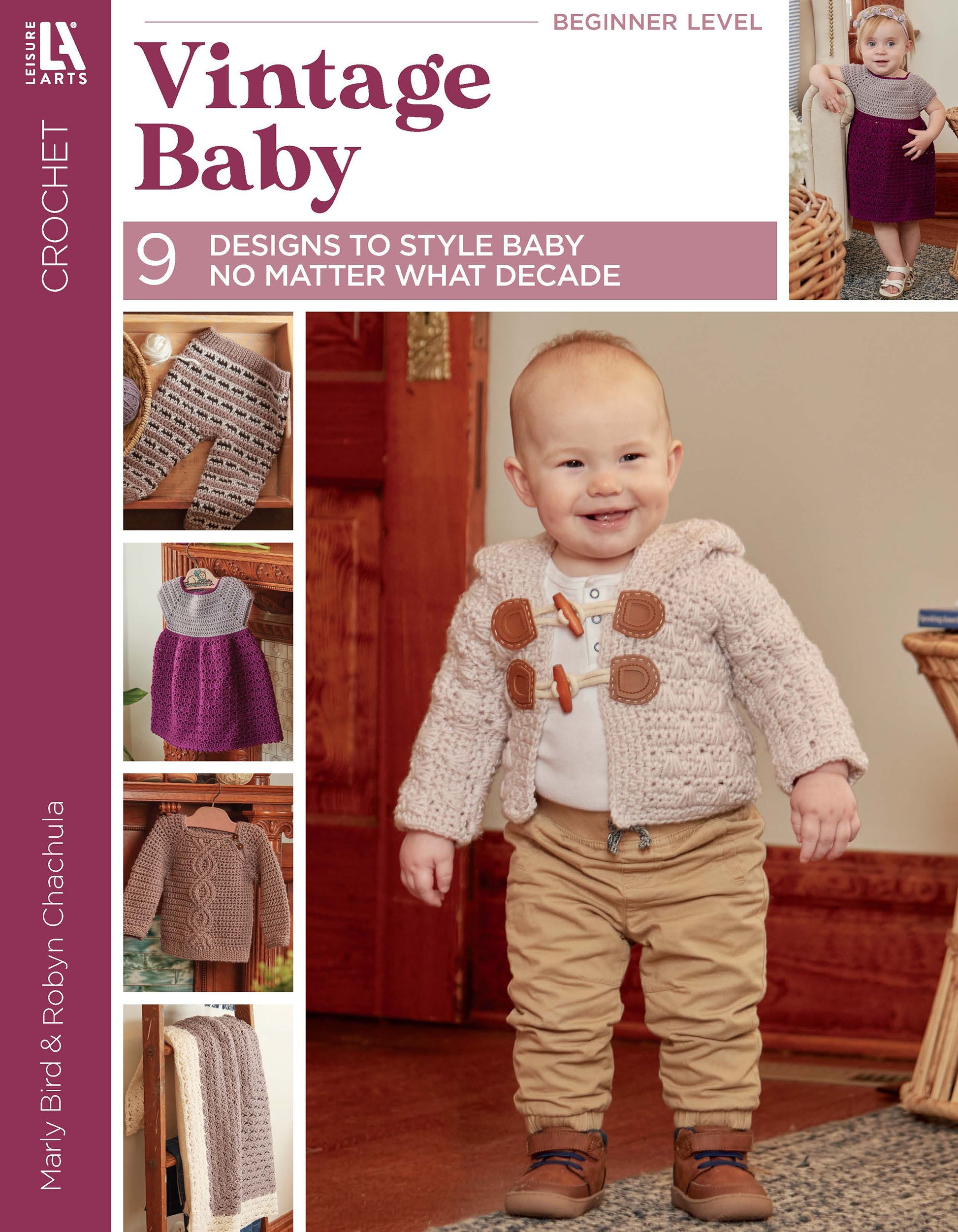 The cover of "Vintage Baby Crochet" by Leisure Arts features a smiling baby in a crocheted jacket, with images of other little ones in baby yarn patterns. Includes 9 beginner designs for babies using medium weight yarn.